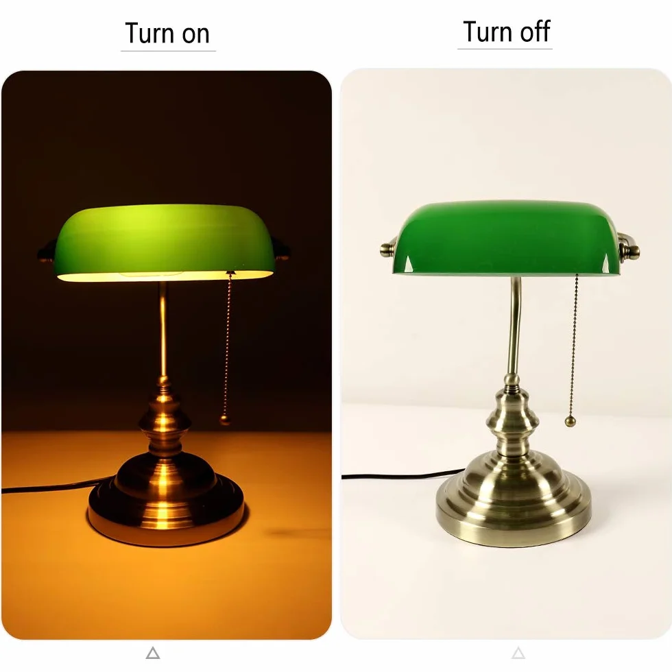 Bankers Zielona szklana lampa biurkowa antyczna z mosiężną podstawą vintage do biura