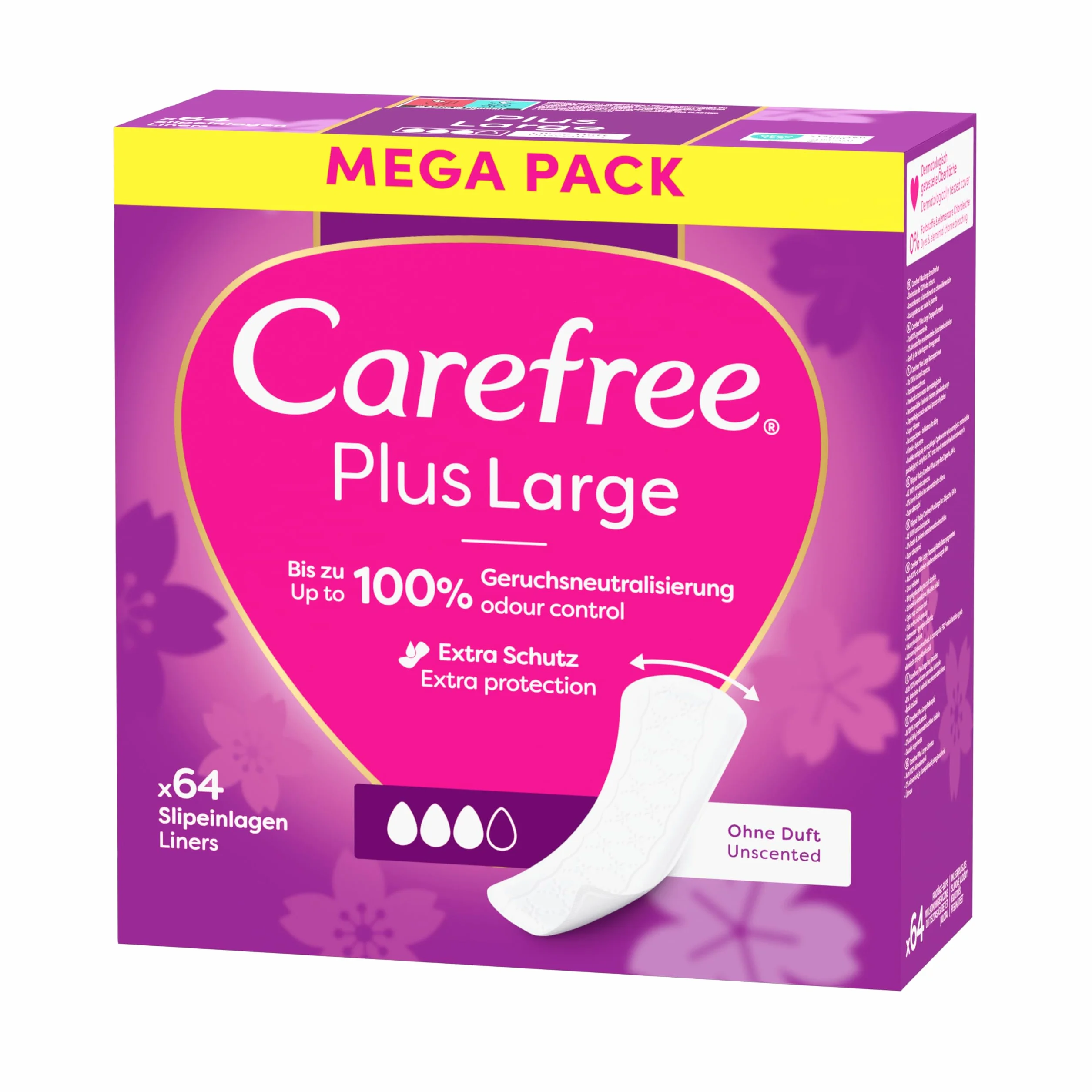 Carefree Plus Large 64 szt. szt. Wkładki higieniczne z wyjątkowo chłonnym wkładem. Zapewniają długotrwałą ochronę przed wilgocią i nieprzyjemnym zapachem.