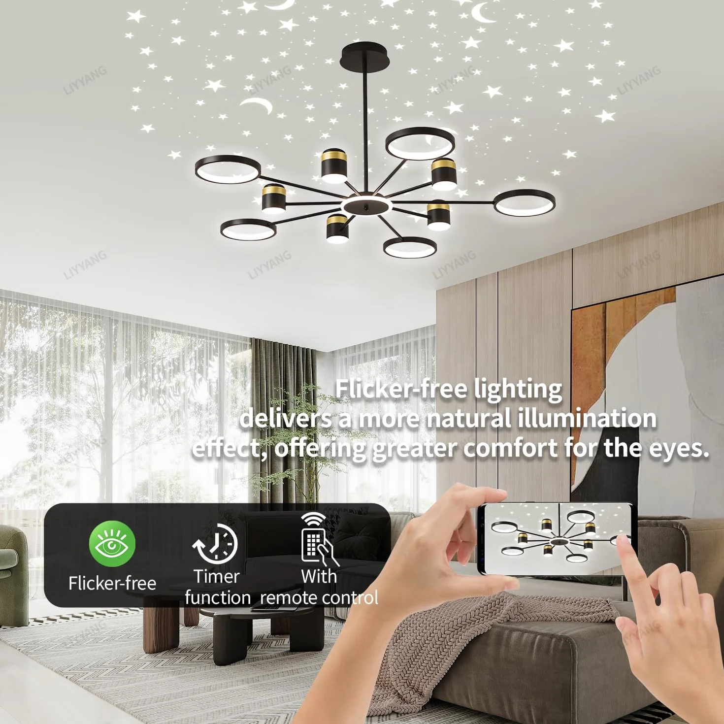 Okrągły żyrandol LED Lampka sufitowa z funkcją ściemniania i pilotem Lampka do salonu Lampka sufitowa do sypialni Lampka wisząca Starlight Nowoczesne lampy sufitowe restauracji i biura (Czarny Φ120cm)