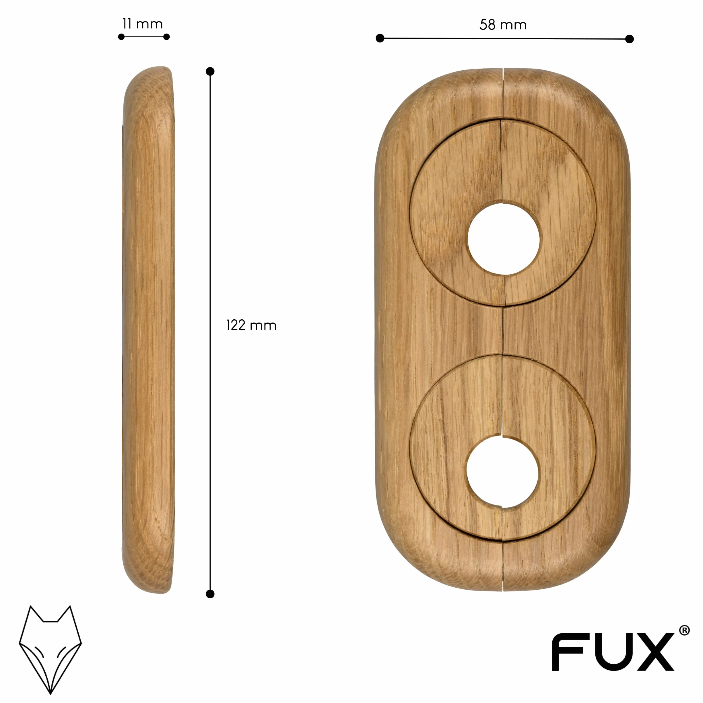 FUX Rozeta z podwójną rurą grzewczą, 3 sztuki, zmienny odstęp rury, 15 mm – 22 mm, osłona rury, rozety osłonowe, osłona, rozety grzejników, drewno, parkiet, rozety drewniane (19 mm, dąb)