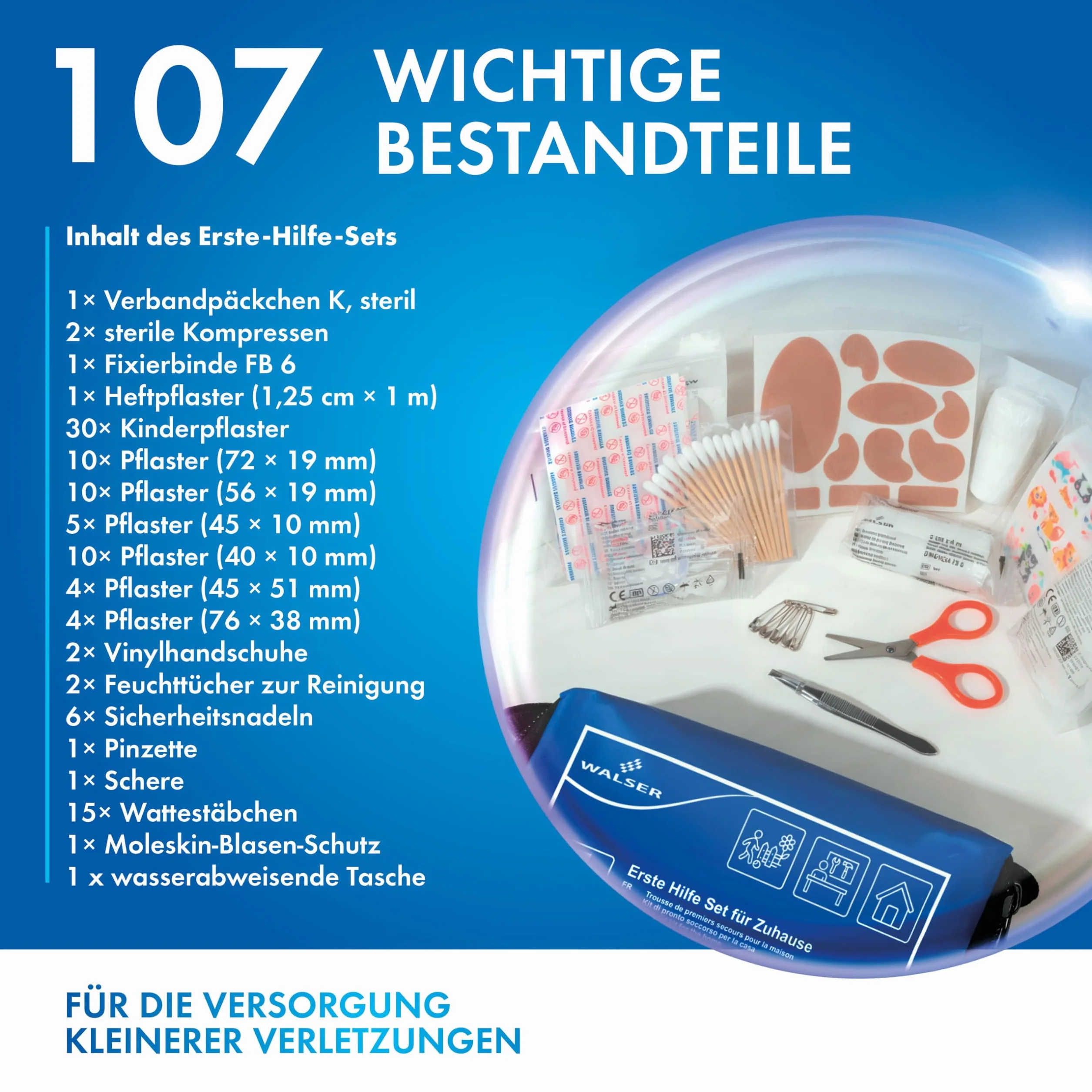 WALSER Premium mini apteczka pierwszej pomocy do domu, wodoodporna torba pierwszej pomocy 2026, poręczny zestaw awaryjny z 107 częściami, kompaktowy zestaw pierwszej pomocy, zestaw apteczki podróżnej