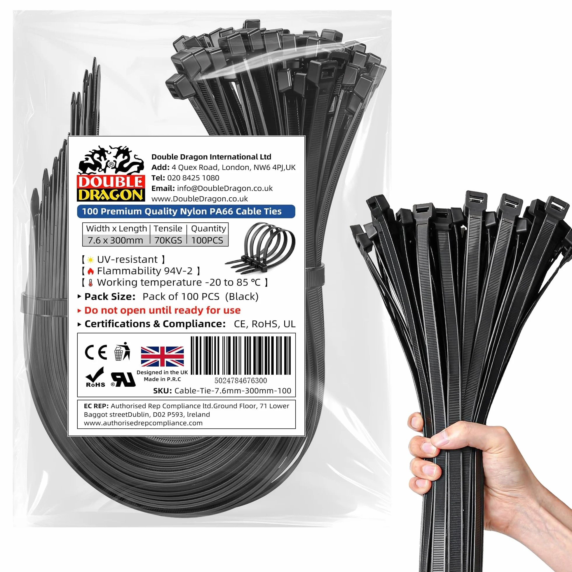 Double Dragon 100 sztuk wytrzymałych czarnych nylonowych opasek kablowych PA66-300 mm x 7,6 mm - przemysłowe samoblokujące się opaski na zamek błyskawiczny do domu, biura, garażu i warsztatu
