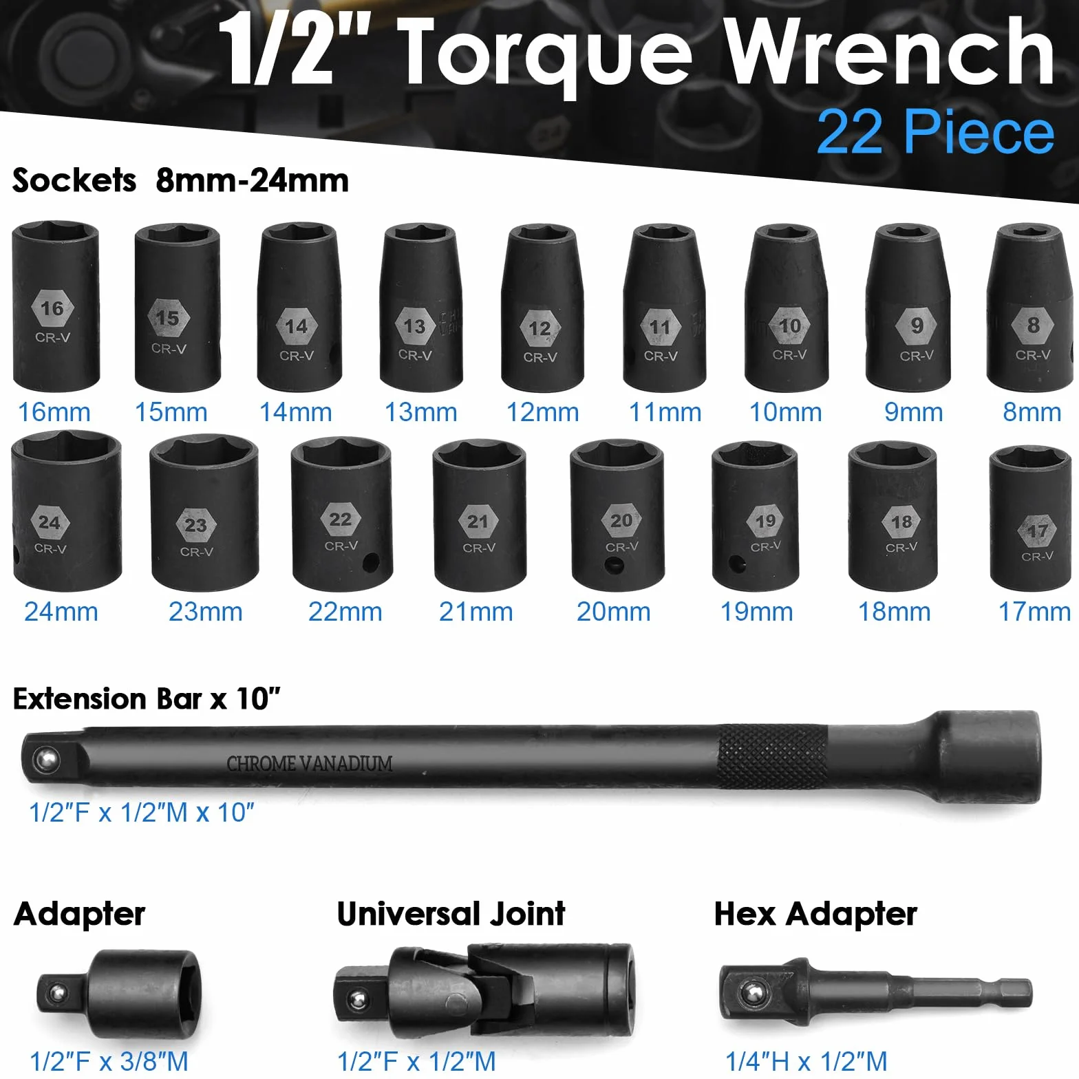 YIYEIE Zestaw 22 kluczy dynamometrycznych 1/2", 10-227 Nm, klucz dynamometryczny z nasadkami i adapterami, mikro 0,3 m, grzechotka 72 zębami, głowica szybkomocująca, narzędzie do momentu obrotowego