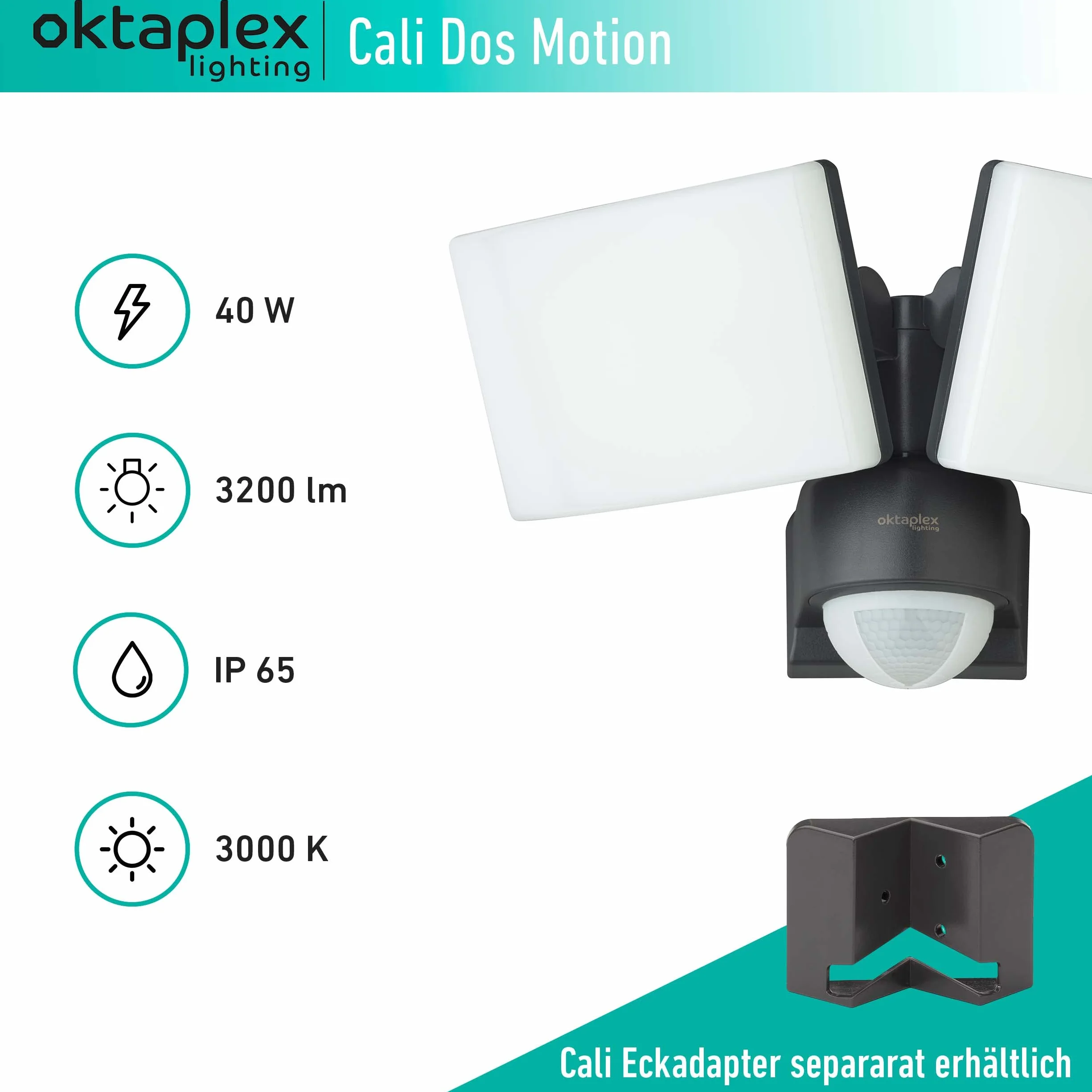Oktaplex lighting Cali Dos Motion reflektor LED z czujnikiem ruchu, IP65, dwie głowice, 40 W, 3000 K, ciepła biel, reflektor zewnętrzny, antracyt z funkcją Master