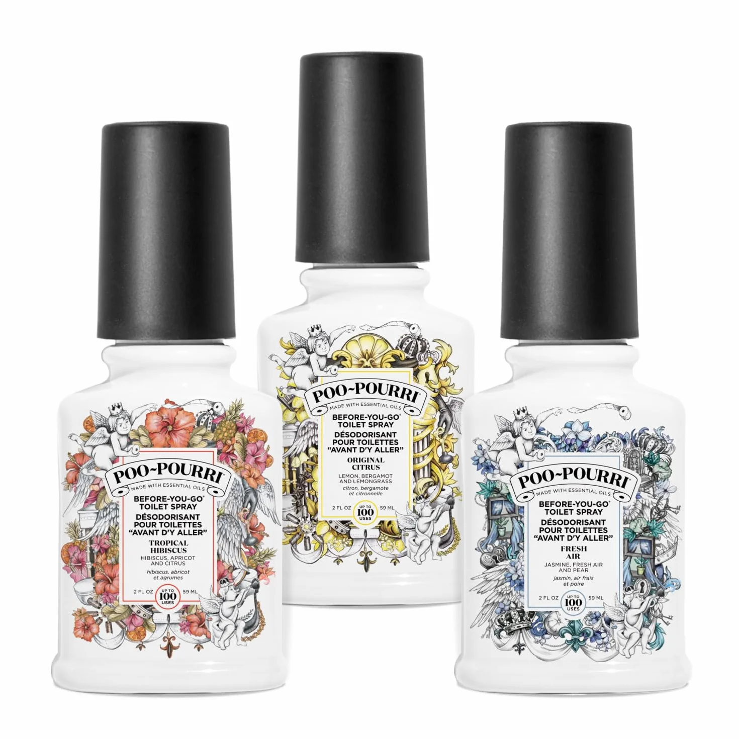 Pourri Bright & Tropical odświeżacze łazienkowe, zestaw Getaway, 3 mini zapachy łazienkowe, do użytku jako odświeżacz do toalety lub dezodorant łazienkowy, świeże powietrze, cytrusy i tropikalny