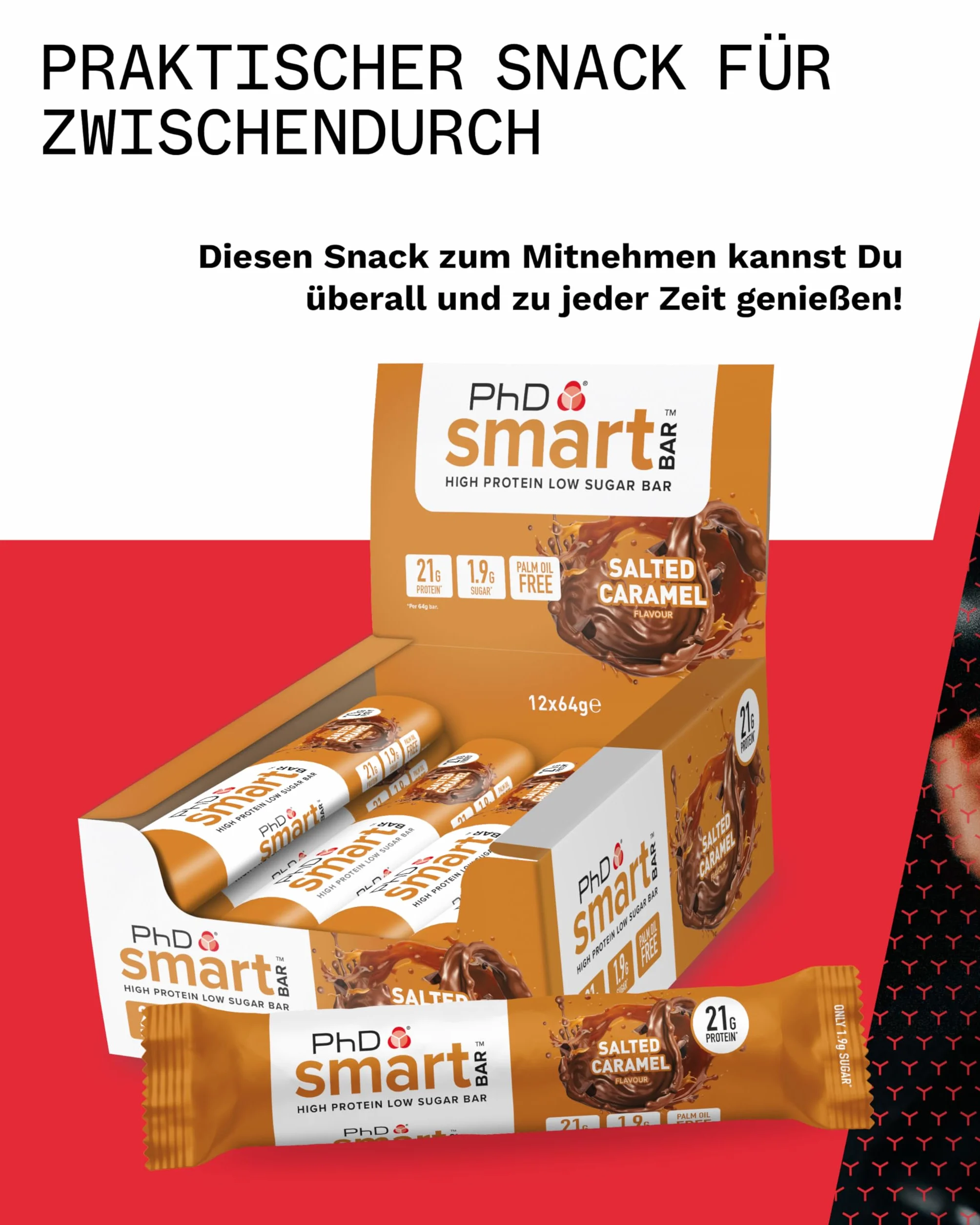 PhD Nutrition Smart Plant Bar niskokaloryczny, wysokobiałkowy, niskocukrowy wegański baton proteinowy/przekąski proteinowe, smak solonego karmelu, 20 g białka roślinnego, baton 64 g (12 sztuk)