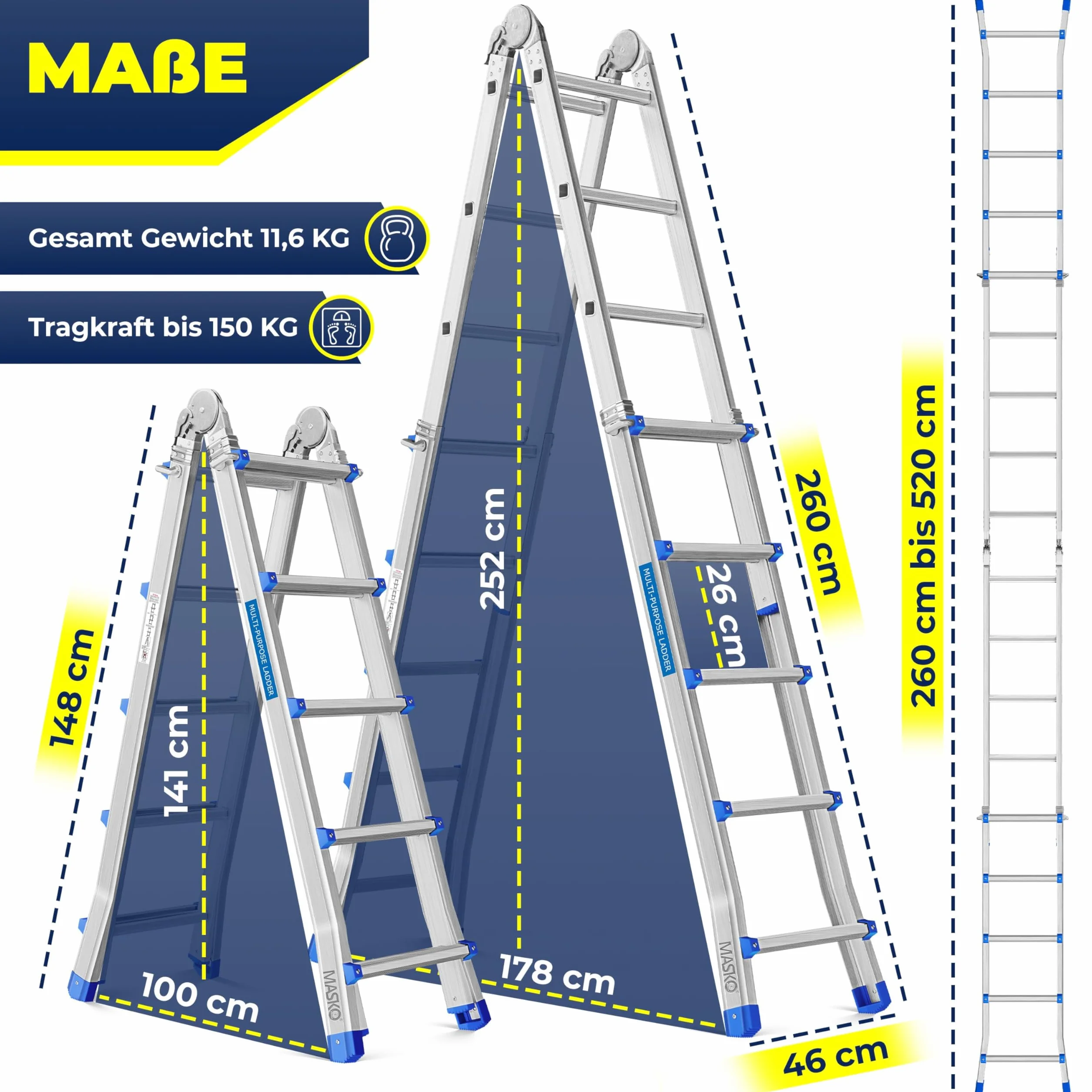 MASKO® Drabina aluminiowa Drabina wielofunkcyjna 5,10m 4x5 szczebli Drabina teleskopowa ✓ Drabina składana ✓ Drabina pojedyncza ✓ Drabina kozłowa ✓ Drabina wysuwana ✓ Drabina dwustronna i schodowa