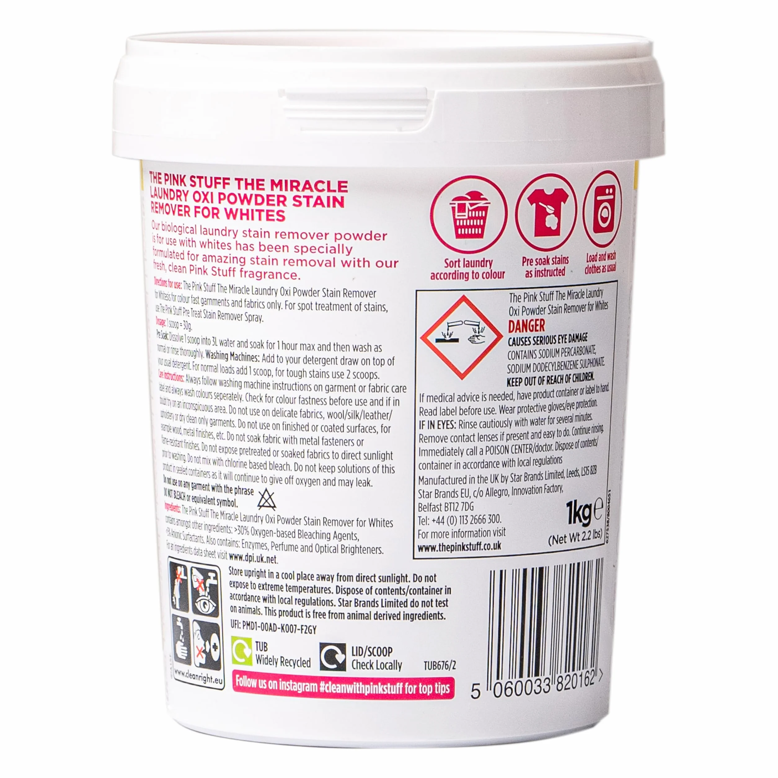Stardrops The Pink Stuff Miracle Laundry Oxi proszek do usuwania plam, białe, 1 kg