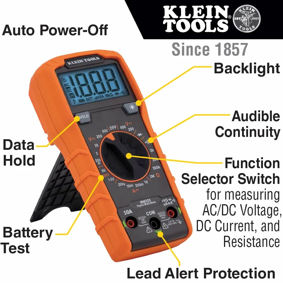 Klein Tools Multimetr MM325, cyfrowy ręczny tester napięcia 600 V AC/DC, testuje baterie, prąd, rezystancję, diody i ciągłość, czarny