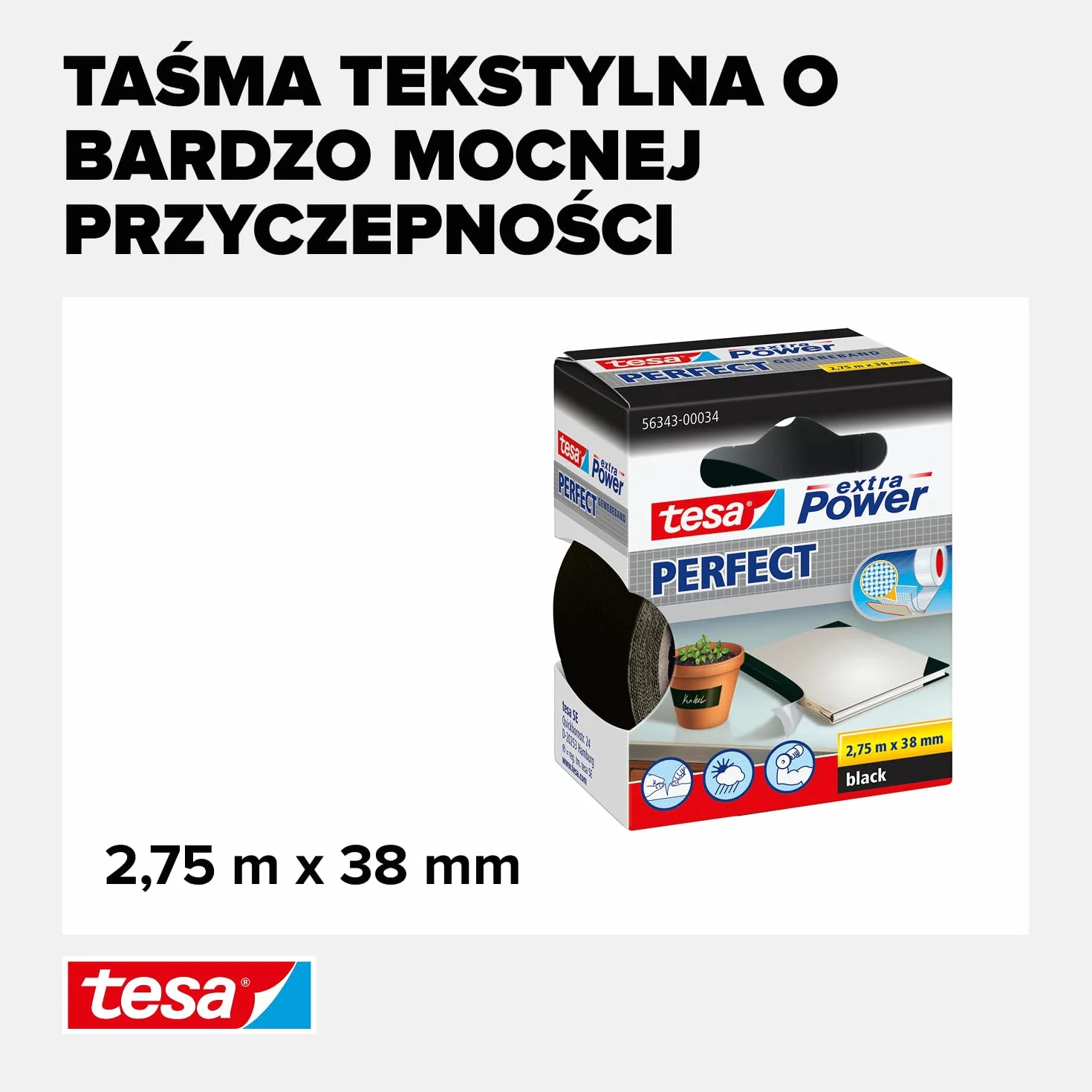 Tesa extra Power Perfect tkaninowa taśma klejąca do majsterkowania – samoprzylepna taśma wzmacniana tkaniną – szeroka gama zastosowań – 2,75 m x 38 mm, czarna