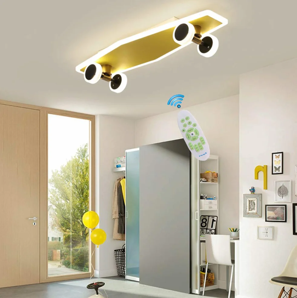 Lampa sufitowa, złota, pokój dziecięcy, deskorolka, lampa, ściemniana, dekoracja sypialni, lampa sufitowa dla chłopców, dzieci, młodzieży, lampa sufitowa, nowoczesny design do łazienki, salonu, ściany