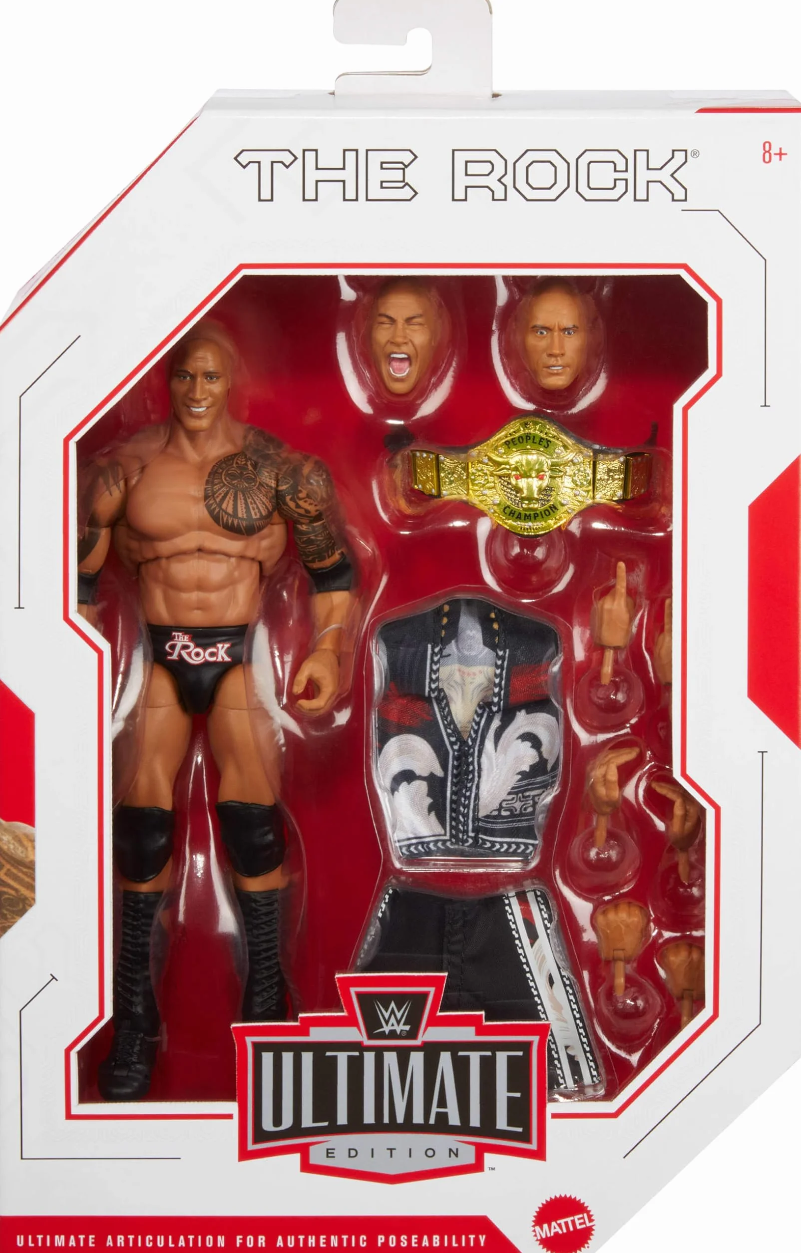 Mattel Figurka i akcesoria WWE Ultimate Edition, 15 cm The Rock, zestaw kolekcjonerski, wymienne główki i dłonie, 30 punktów artykulacji