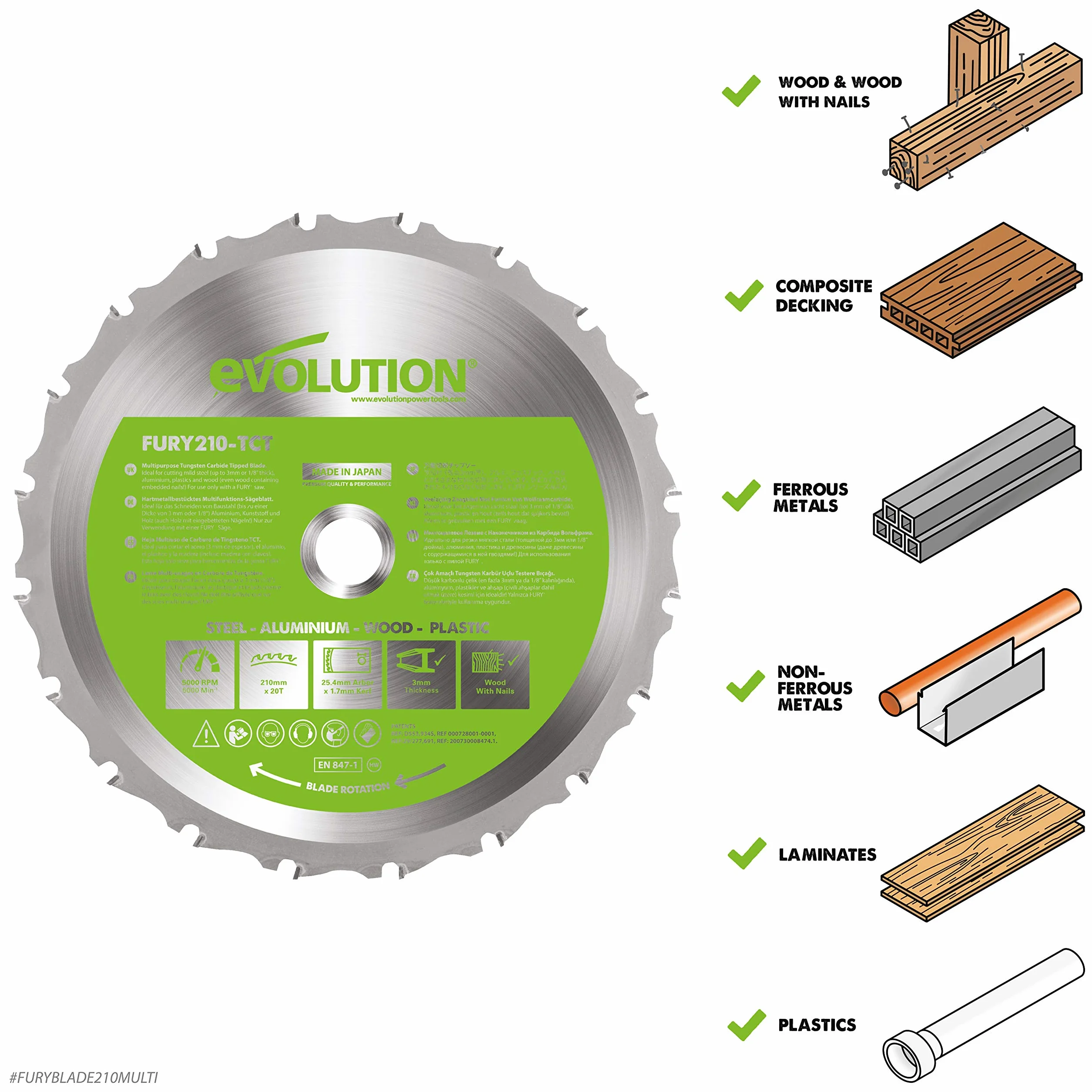 Evolution Power Tools Tarcza do cięcia wielu materiałów F210TCT-20T (Fury) TCT 210 mm tnie drewno, metal i plastik
