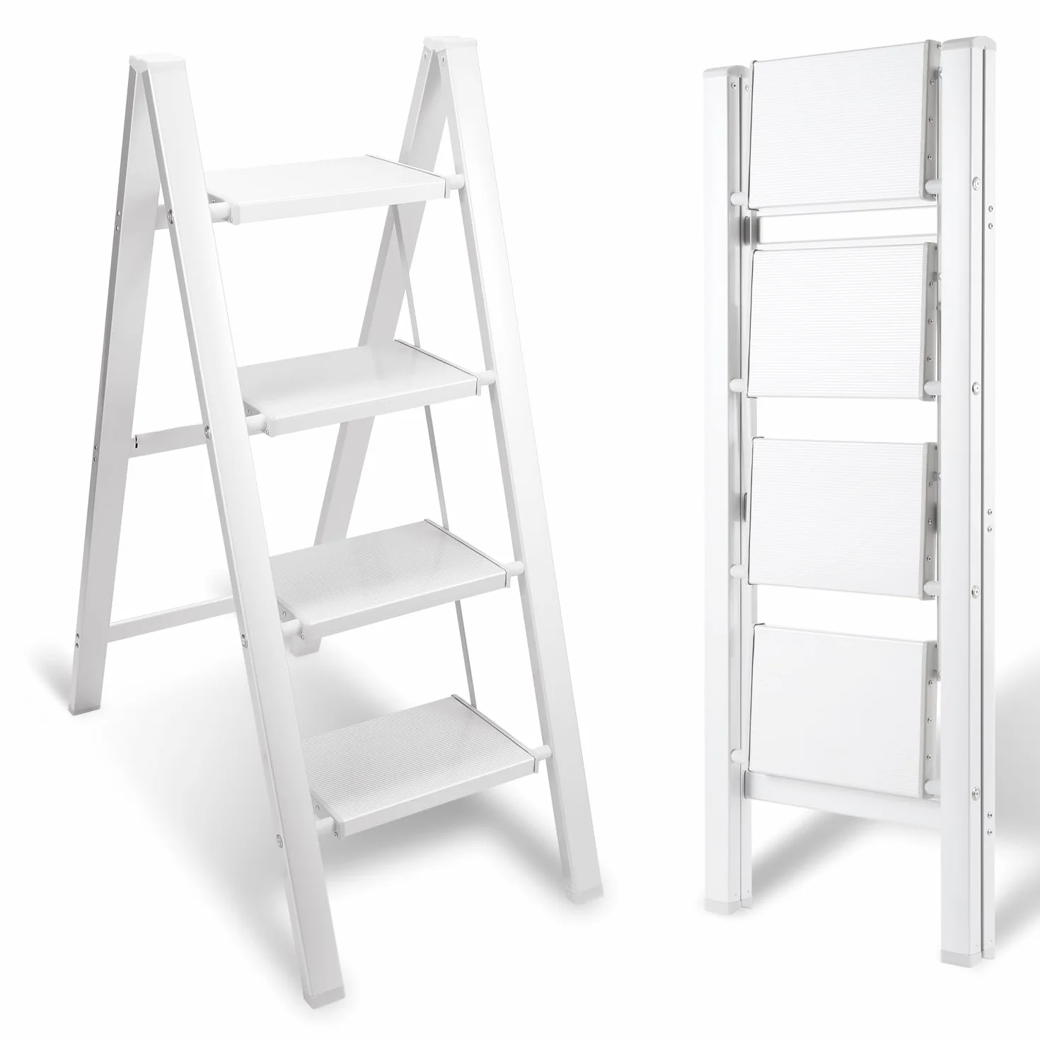 Eulenke Aluminiowa drabina składana, 4 stopnie, lekka, aluminiowa drabina schodowa, 4 stopnie, składana, antypoślizgowa drabina z zabezpieczeniem przed składaniem, składana drabina do domu, kuchni,