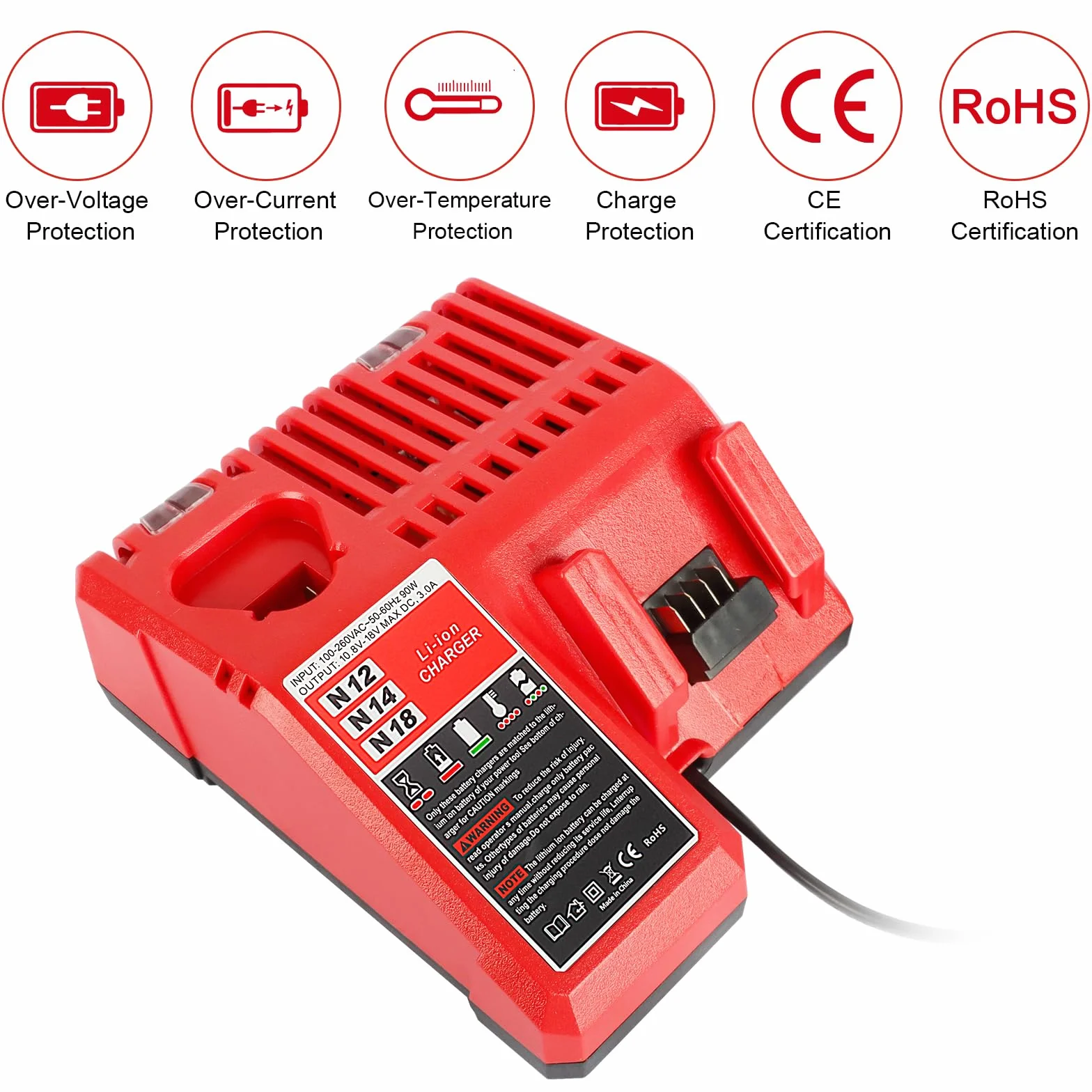 QUPERR Szybka ładowarka 3 A M12 & M18, kompatybilna z Milwaukee 12 V 18 V akumulator litowo-jonowy M12 3 Ah M12 4 Ah M12 5 Ah M12 6 Ah M18 3 Ah M18 4 Ah M18 5 Ah M18 6 Ah