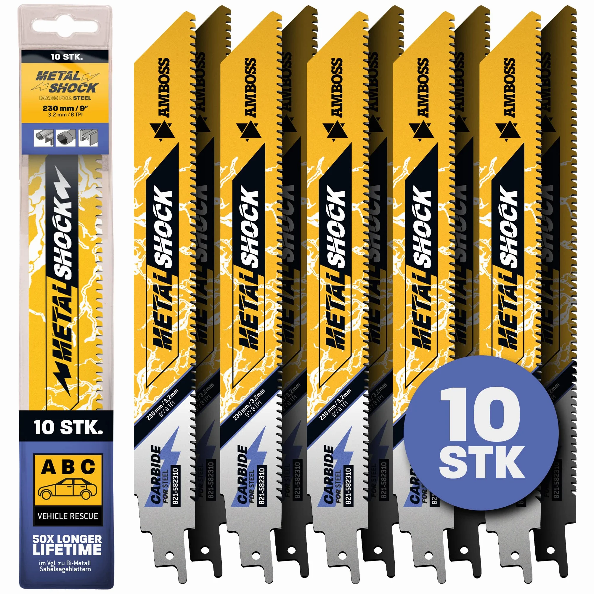 AMBOSS METAL SHOCK - 10 x brzeszczot do piły szablastej długość 230 mm / 8 ZpZ - idealny do odrywania / ratowania pojazdu / montażu / demontażu / budowy rur - nadaje się do stali (rur / profili / wsporników) oraz rur żeliwnych