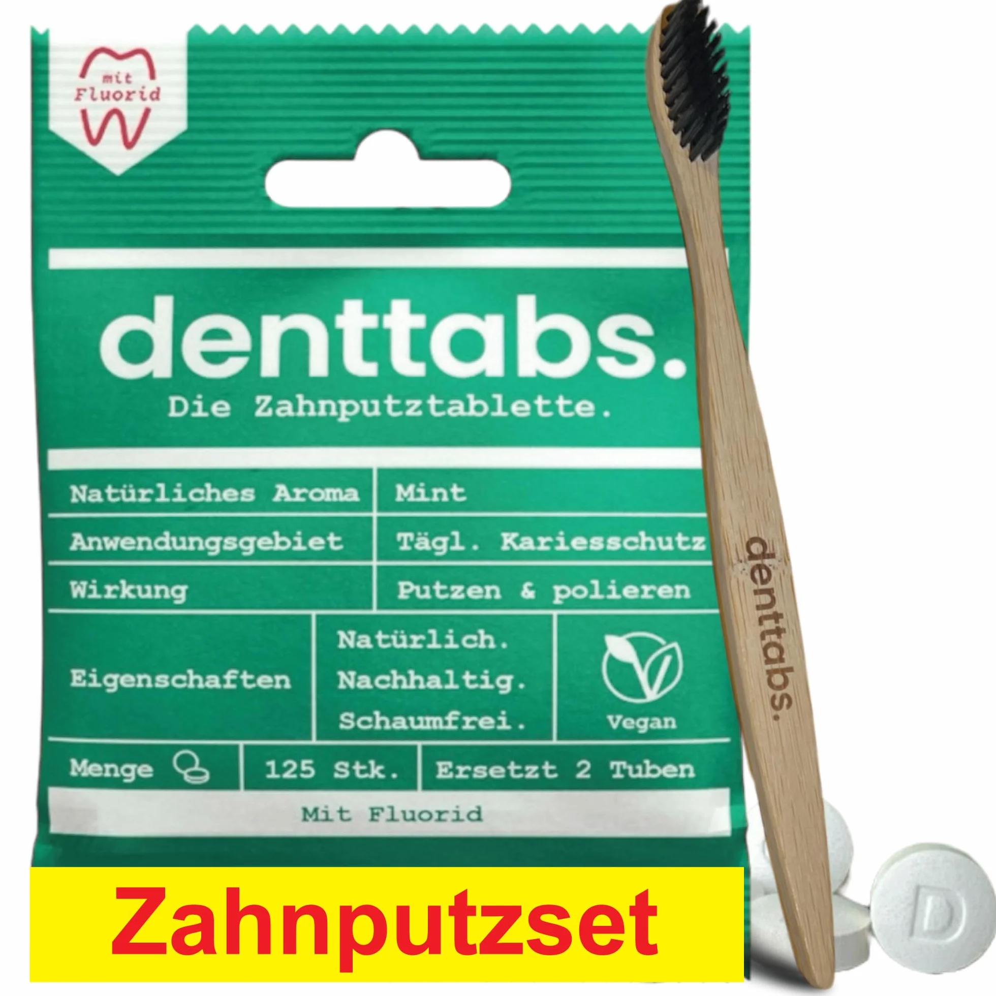 Denttabs Zestaw do mycia zębów – tabletki do czyszczenia zębów miętowe z fluorkiem zestaw 125 szt. + bambusowa szczoteczka do zębów z bambusa, ultramiękka
