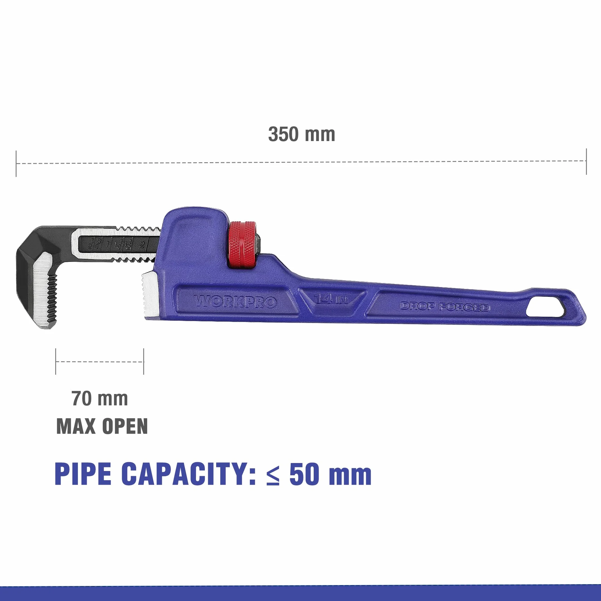 WORKPRO 14 cali / 350 mm kuty matrycowo wytrzymały prosty klucz hydrauliczny, regulowany klucz do rur z dużą szerokością szczęki (maks. 70 mm) i skalami