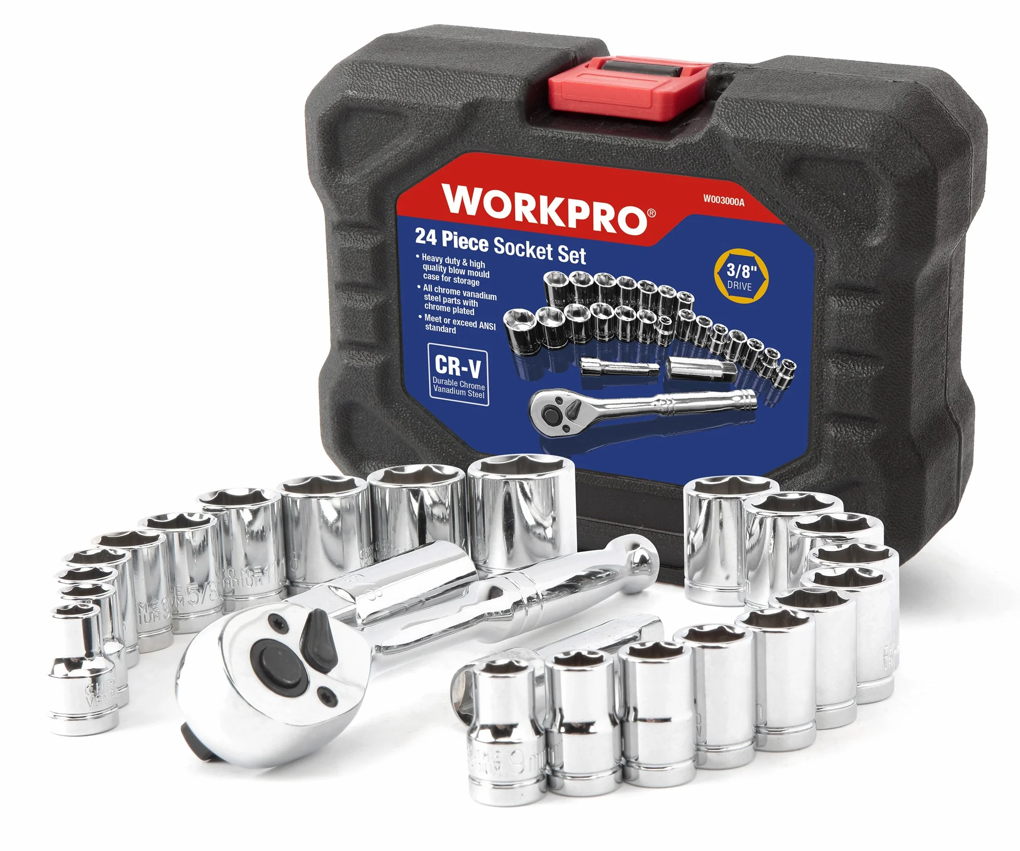 WORKPRO Zestaw nasadek nasadowych 3/8", klucz nasadowy z grzechotką, 11 szt. metrycznych i 10 szt. gniazd SAE, zestaw rachet do świec zapłonowych z formowaną obudową