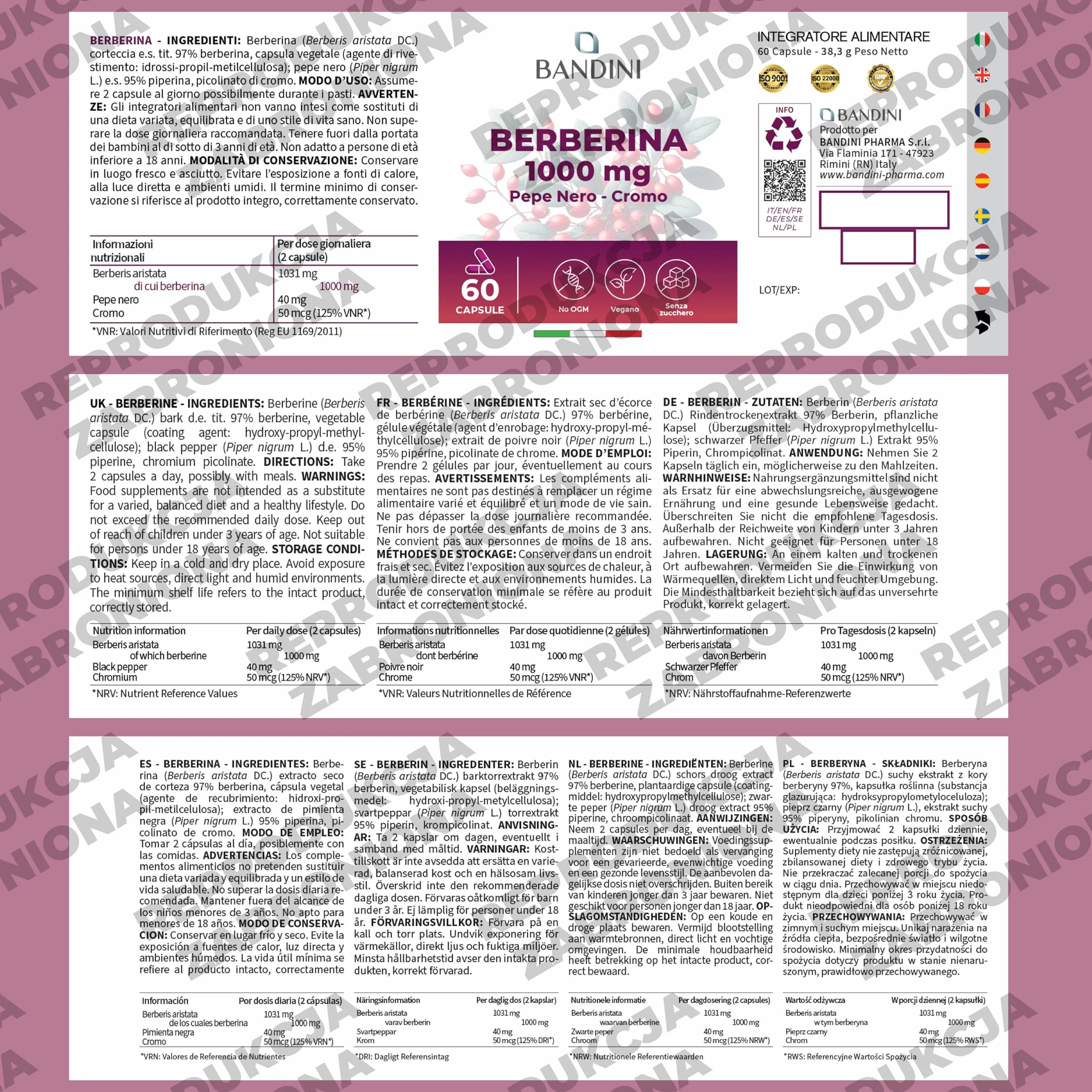 Bandini® Berberine 1000mg czysta wysoka dawka | 60 wegańskich kapsułek - Czysta Berberyna HCl z Berberis Aristata 97% + Chrom i Czarny Pieprz | Maksymalne wchłanianie - Trawienie, funkcja wątroby