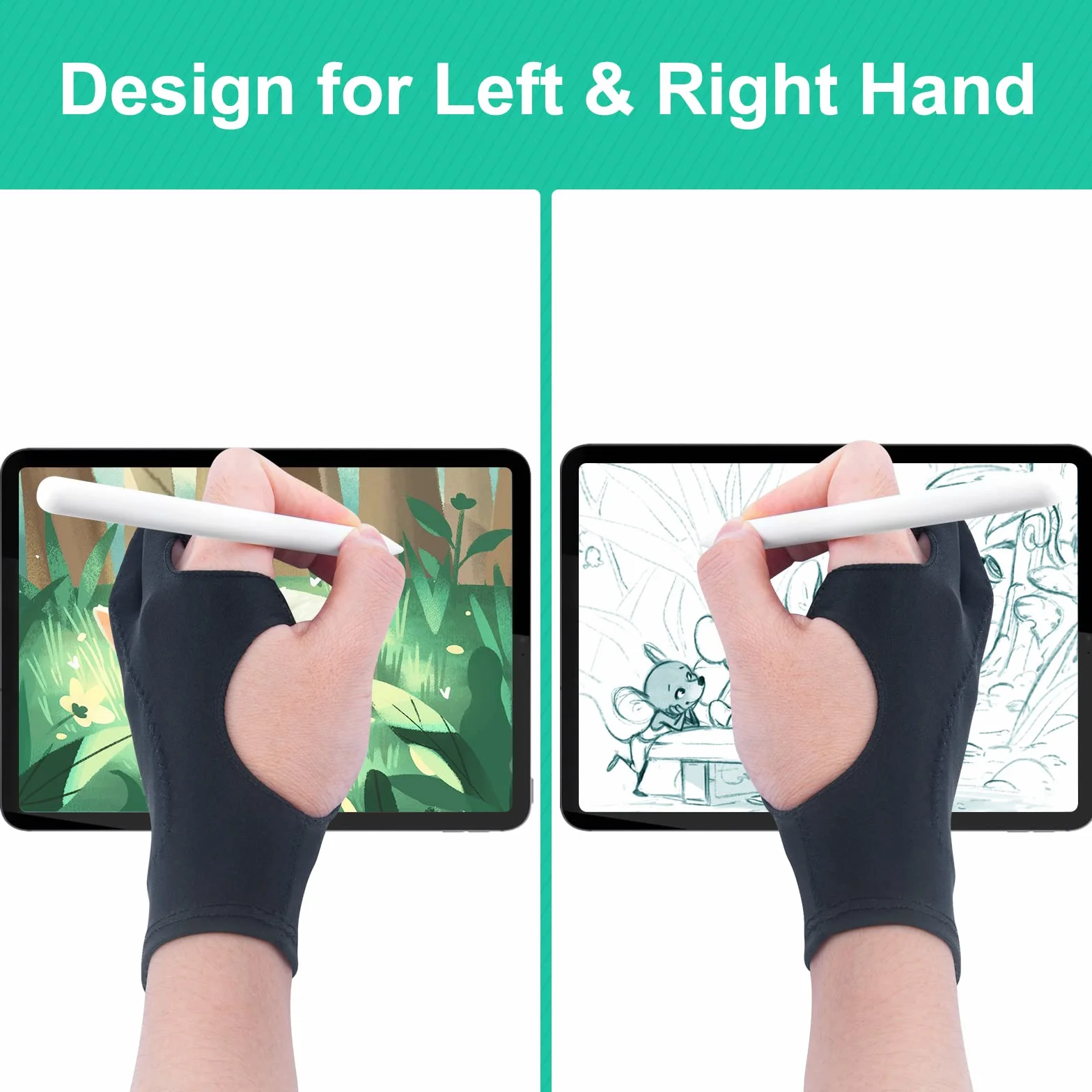 Glove rękawiczki do rysowania, zestaw 2 szt., cyfrowe rękawiczki artystyczne, taca do rysowania, cyfrowe rękawiczki do rysowania, z dwoma palcami do szkicowania, uniwersalne dla lewej i prawej ręki,