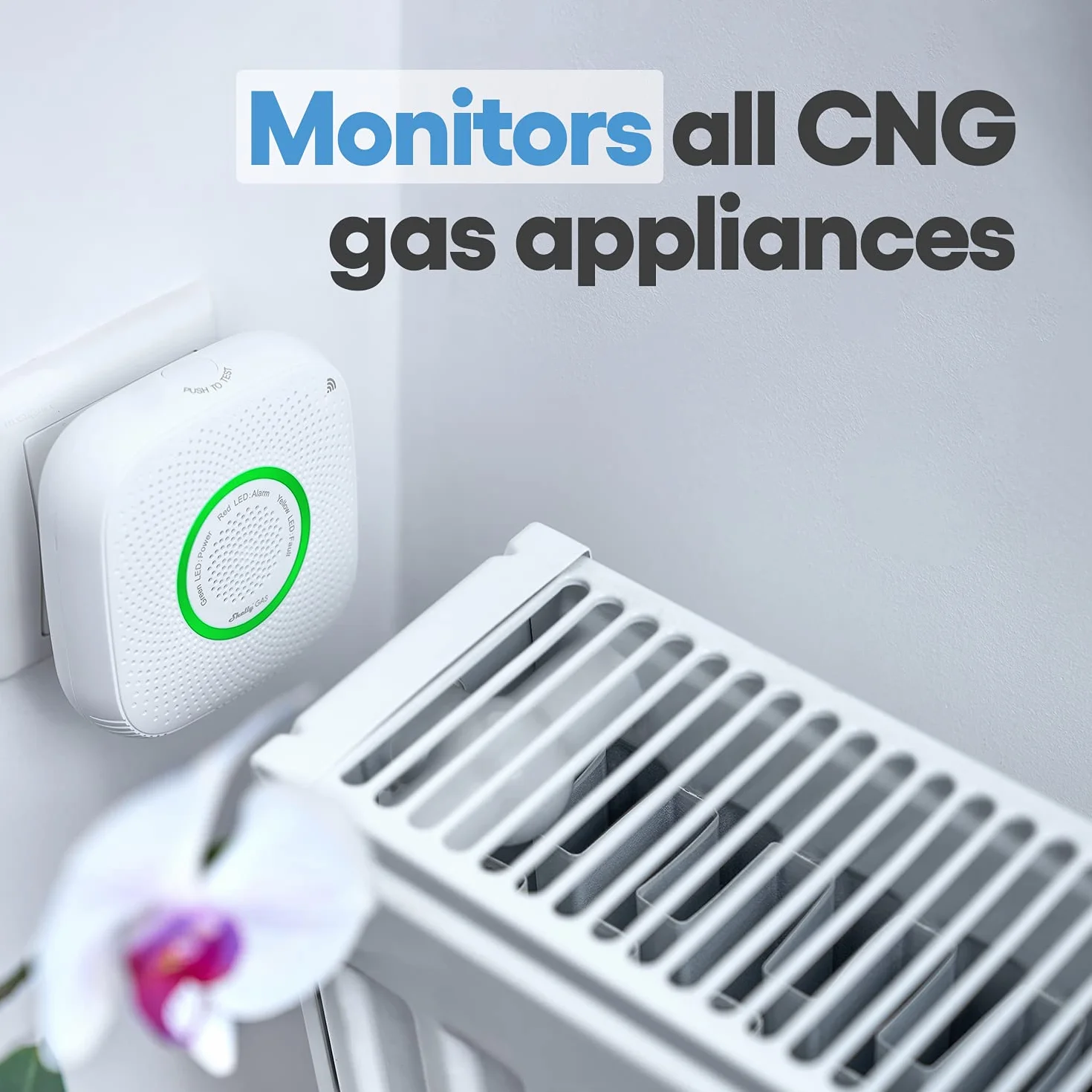Shelly GAS (CNG), Inteligentny Wykrywacz Wycieków Gazu Wi-Fi, Natychmiastowe Alerty Dźwiękowe i Świetlne, Odporny na Płomienie, Bezprzewodowy, Alerty Aplikacji, Wyjście Zaworu, Bezpieczeństwo Domowe