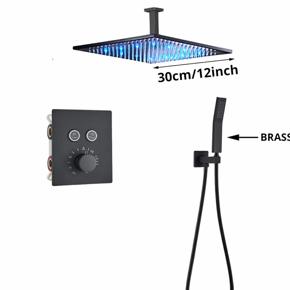 Luksusowa czarna bateria prysznicowa termostatyczna do łazienki deszczownica bateria ścienna do wanny zestaw prysznicowy ścienny B 3W 12" sufitowy,Sufit 2-w-12-calowy