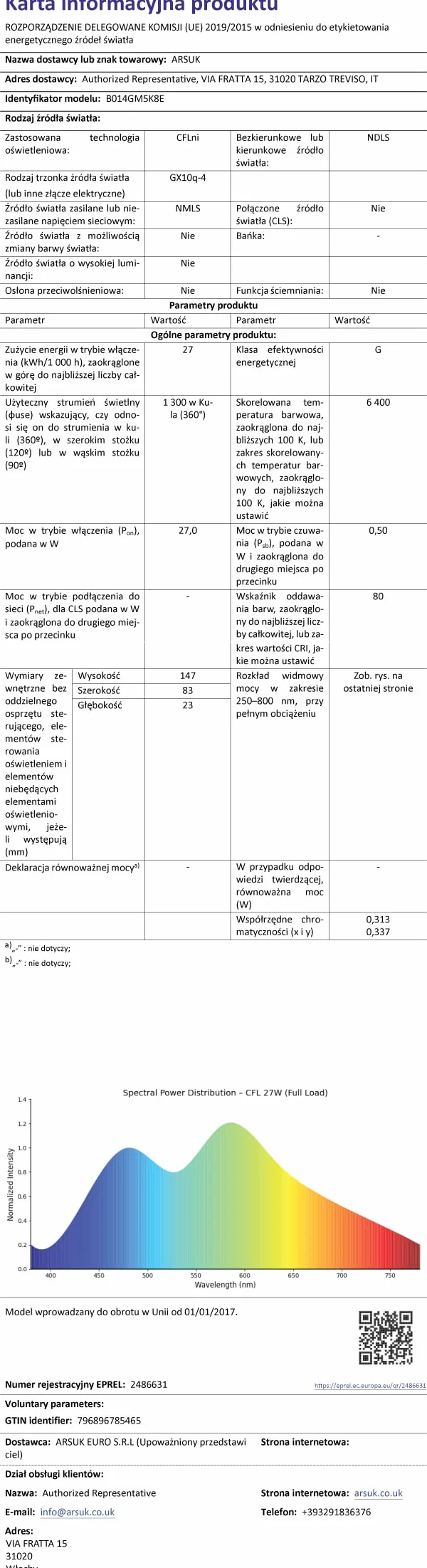 ARSUK 27W Wymienna żarówka do światła dziennego - 4-pinowa świetlówka do lampki nocnej, czytania stołu, lampy dla dzieci YDW-27FM - GX10Q - fluorescencyjna 27 W LAMPA FML(6500 K - Zestaw 1 sztuk)