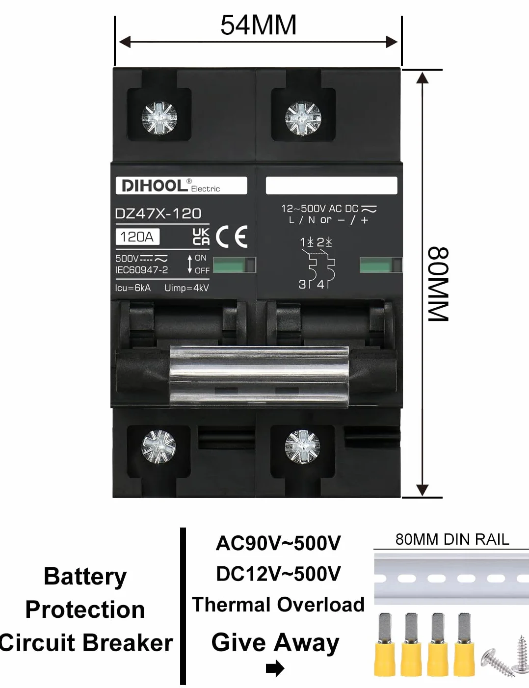 DIHOOL Wyłącznik DC 12V 24V Solar PV Bezpiecznik fotowoltaiczny automatyczny (DC500V,2 Pole 125A)