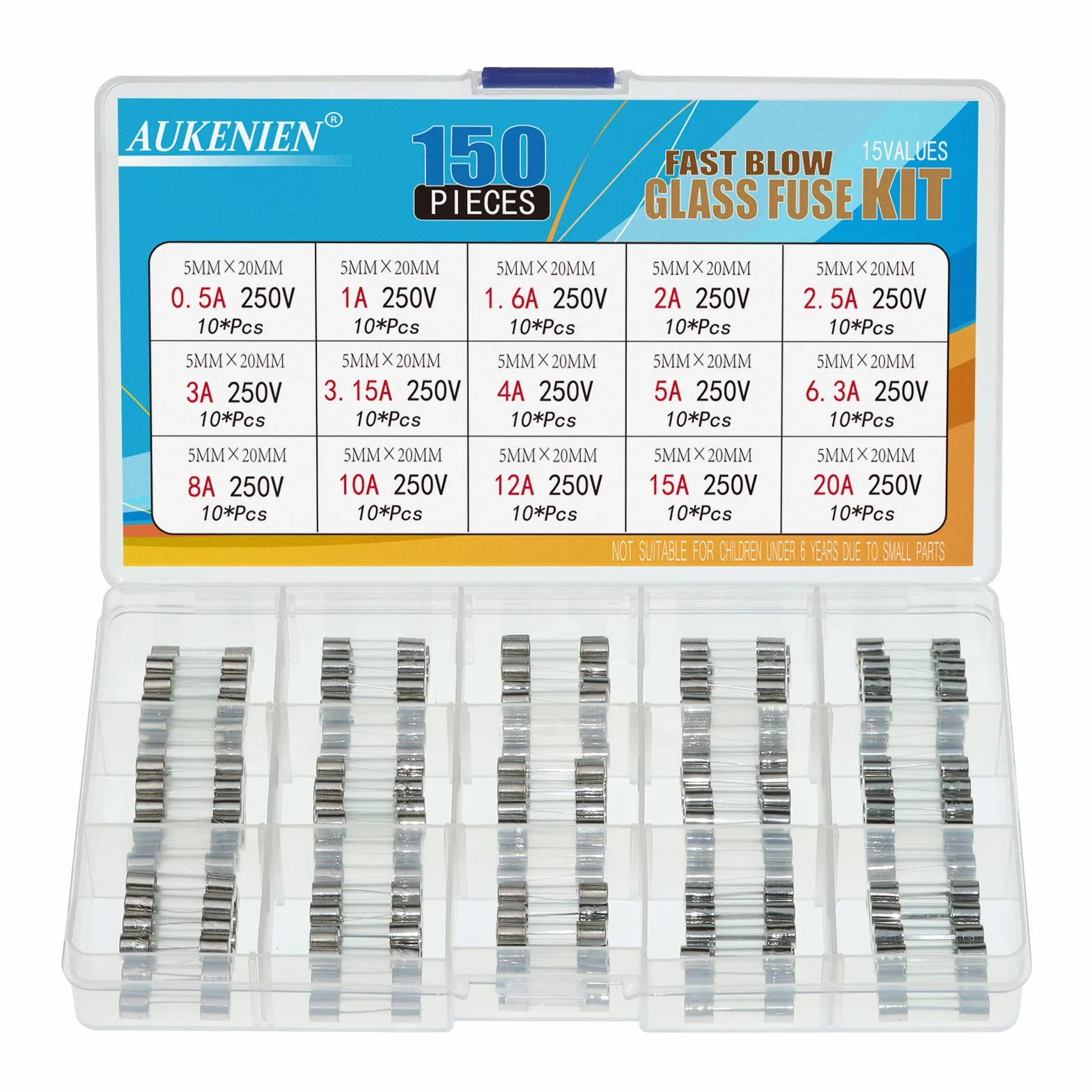 AUKENIEN 15 Wartość 150 sztuk 0,5A 1A 1,6A 2A 2,5A 3A 3,15A 4A 5A 6,3A 8A 10A 12A 15A 20A 250V Bezpieczniki 5x20mm Bezpiecznik szklany rurkowy Mikro bezpiecznik Szybki zestaw bezpieczników szklanych