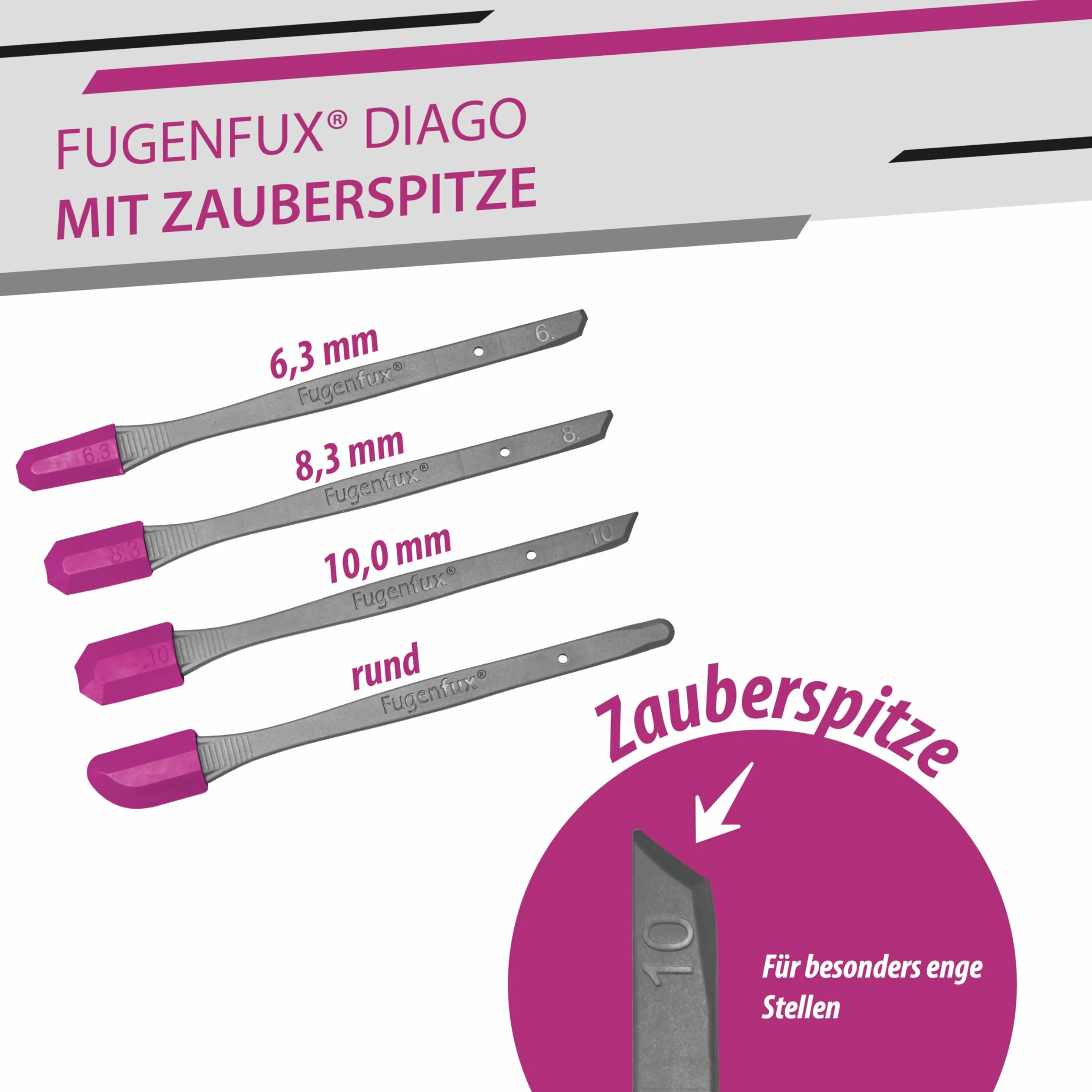 FUGENFUX® DIAGO 4-częściowy zestaw do fug – ściągacz do wąskich miejsc, silikonu, akrylu, Made in Germany