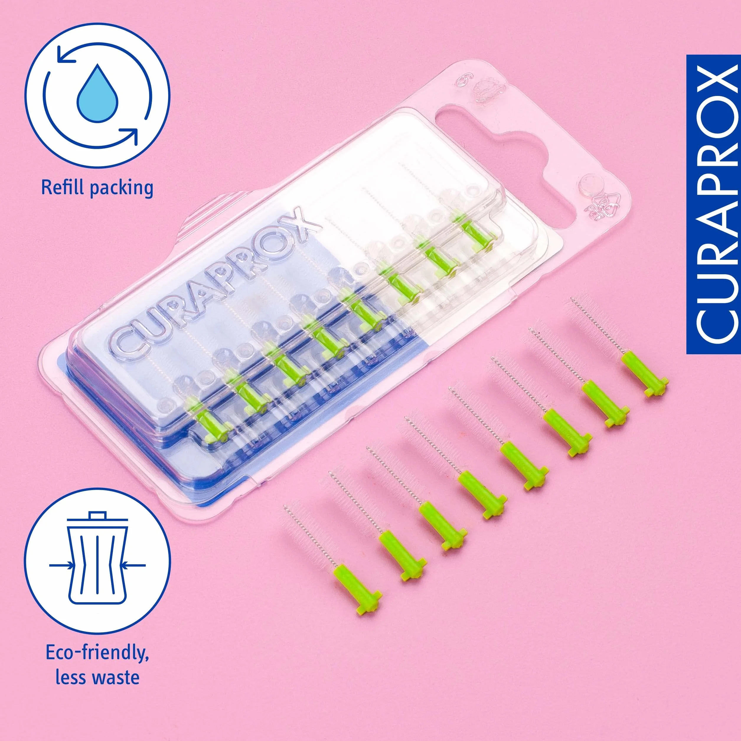 Curaprox Interdental Brush Wkłady CPS 011 Prime-ISO Rozmiar 3, Zielony/Ultra-Fine filamenty do skutecznego czyszczenia wąskich przestrzeni / 8-Pack/Made in Switzerland/English Packaging