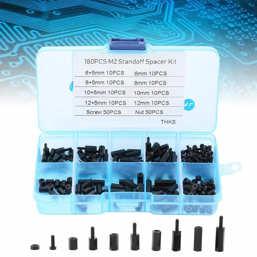 M2 Standoff Kit, 180pcs Schwarz M2 Male Female Standoffs Schrauben Muttern Sortiment Kit mit Box