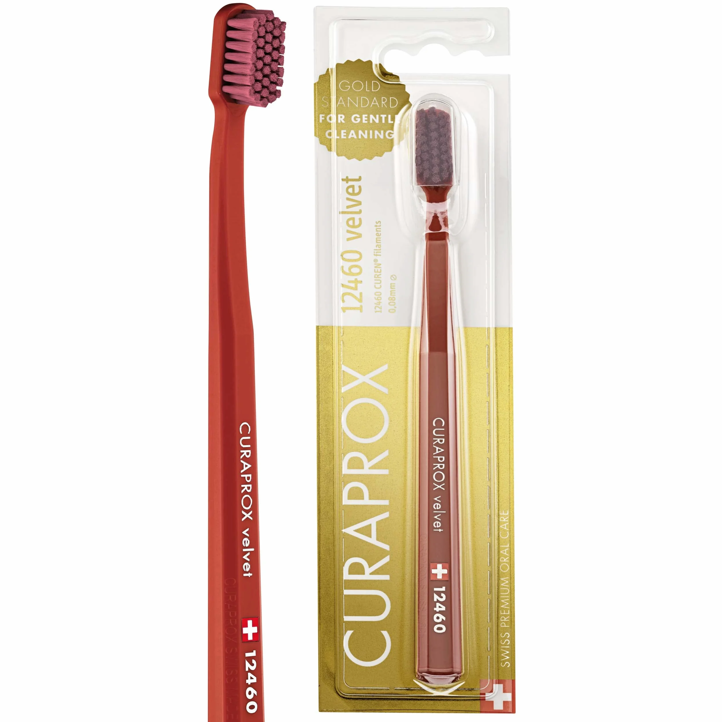 Curaprox CS 12460 aksamitna miękka szczoteczka do zębów-wrażliwa | Ultra delikatne czyszczenie z 12 460 filamentami/pojedyncze opakowanie, Miedź Czerwono-bordowa/Made in Switzerland