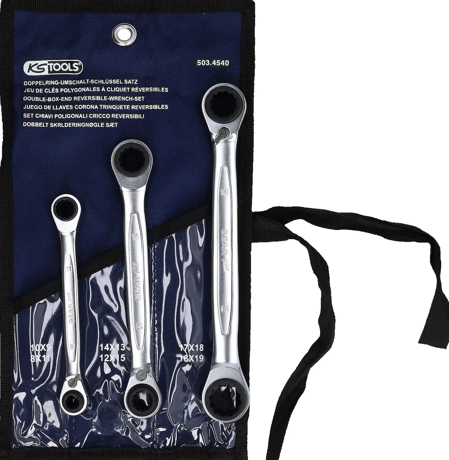 KS Tools 503.4540 4w1GEAR+Zest podw kluczy oczkowychz grzechot, przelacz 3-szt, 8x11-17x18mm