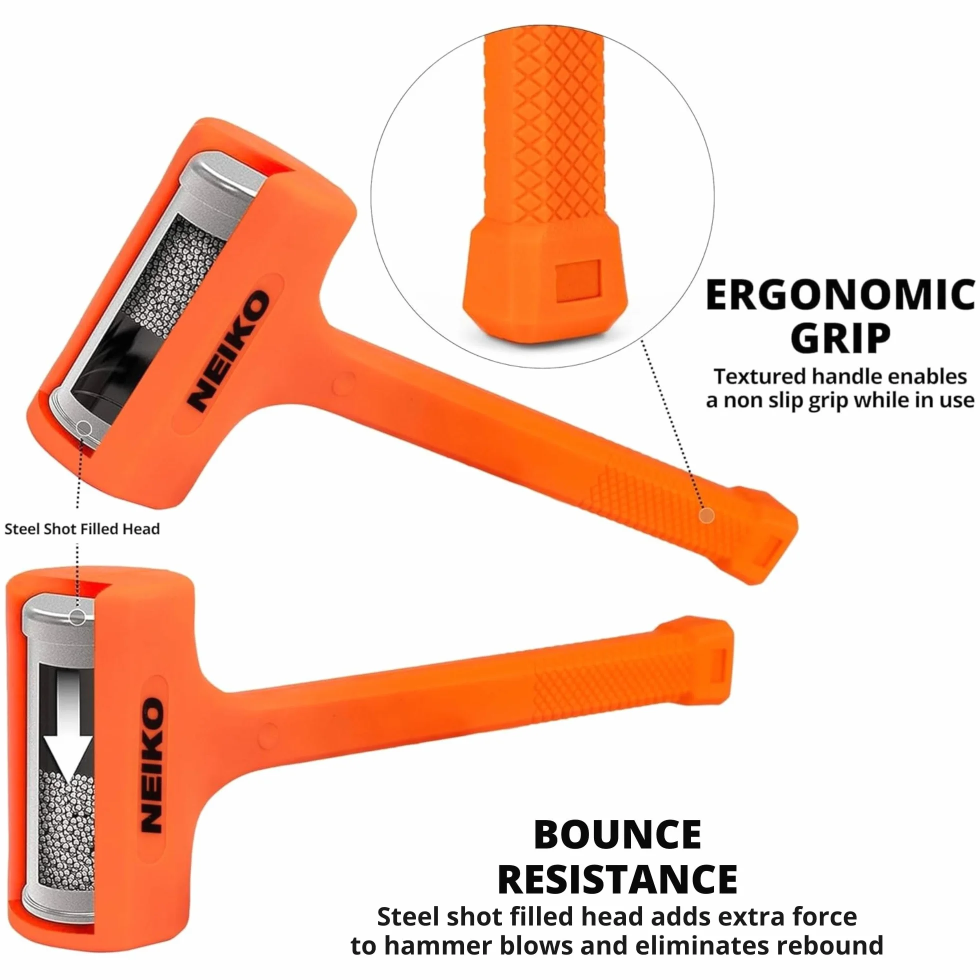 Neiko 02848A 1.4 kg Dead Blow Hammer, neonowy pomarańczowy | formowany unibody | uchwyt w kratkę | odporny na iskry i odbicie