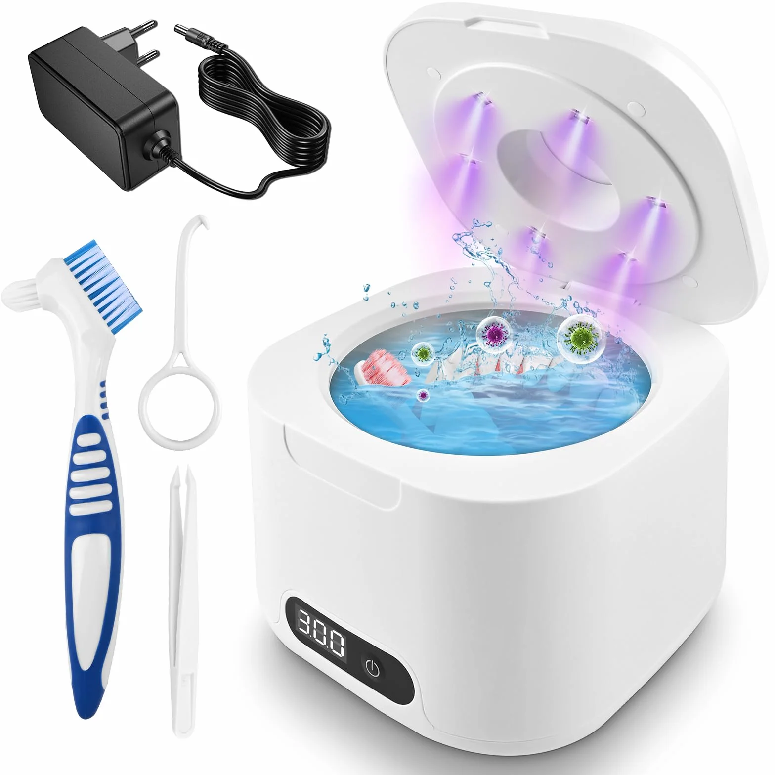 Ultrasonic Cleaner Dental Pod, 50 000 Hz z 6 lampami UV i 340 ml, wysoka moc 40 W, do protez, biżuterii, protez, korektorów, kolor biały