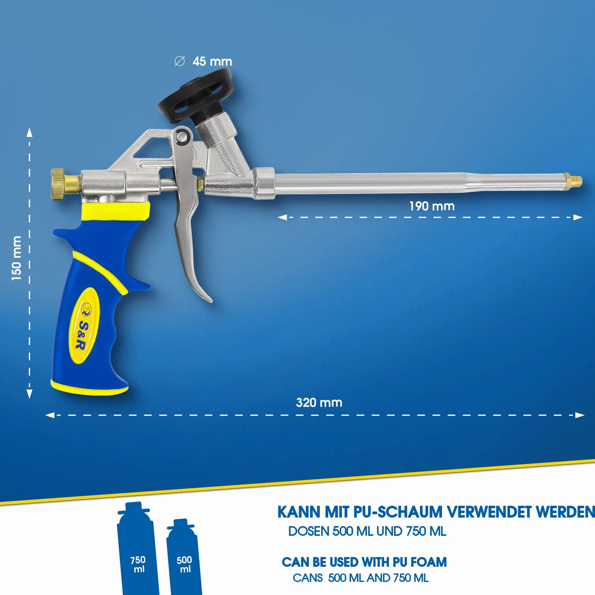 S&R Pistolet do piany, pistolet dozujący przemysłowy do puszek z pianki budowlanej, ergonomiczny uchwyt, powłoka teflonowa