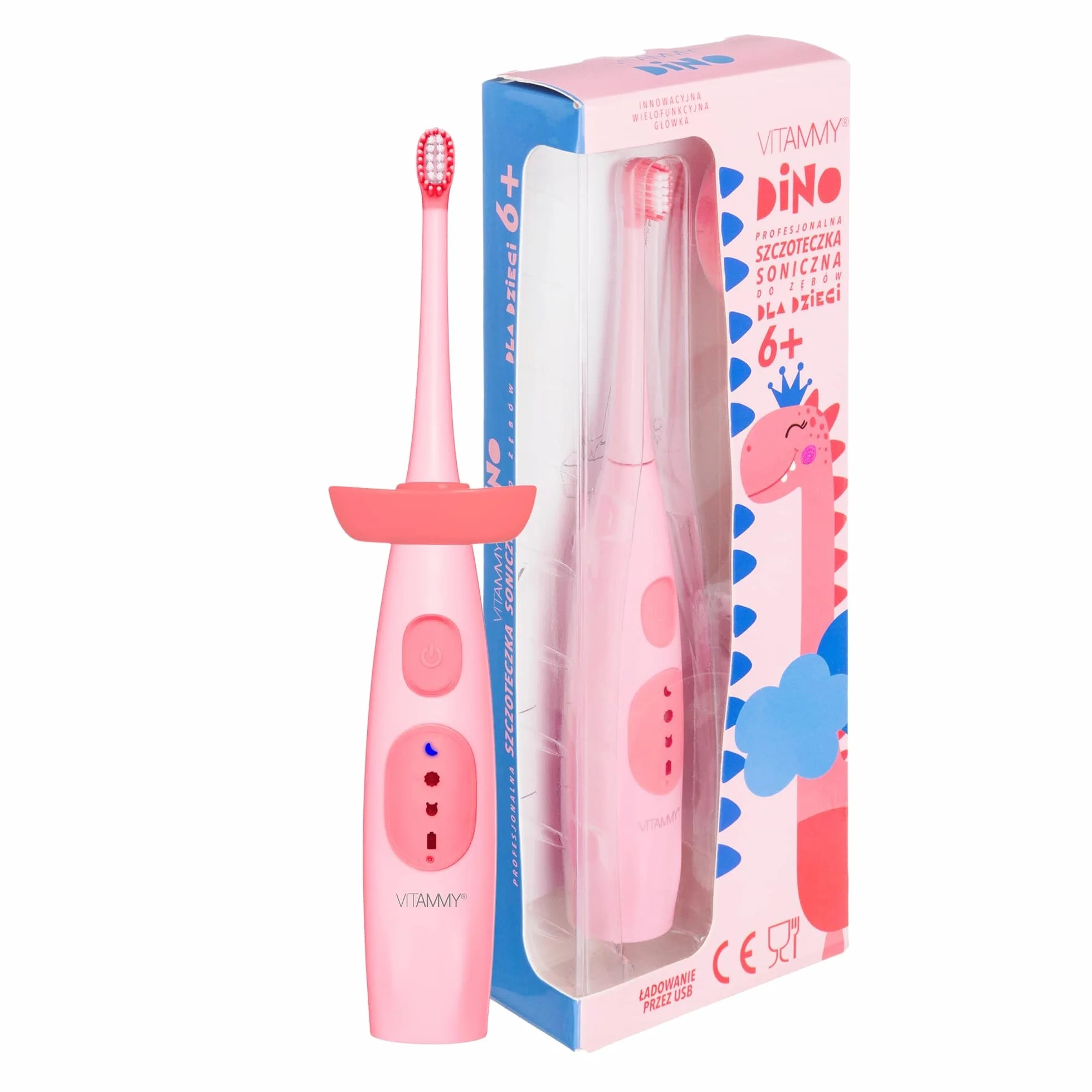 VITAMMY DINO/PINK Szczoteczka soniczna do zębów dla dzieci 6+, wyciszona obudowa