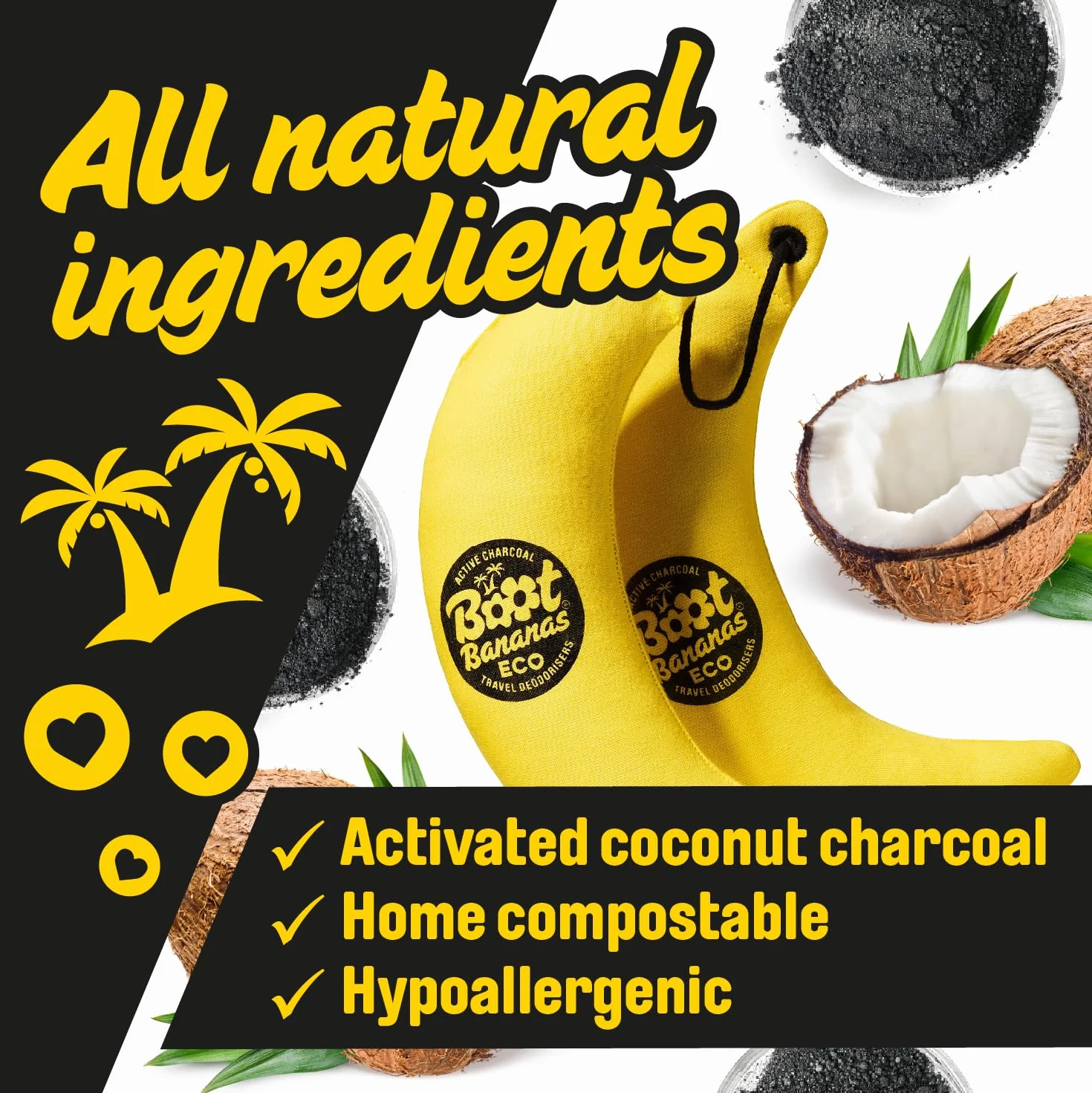 Boot Bananas Eco Travel Dezodoratory – bezzapachowe środki do usuwania zapachów z węglem aktywnym do zapachowych butów, rękawiczek i toreb, lekkie, kompostowalne, wielokrotnego użytku, świeżość w