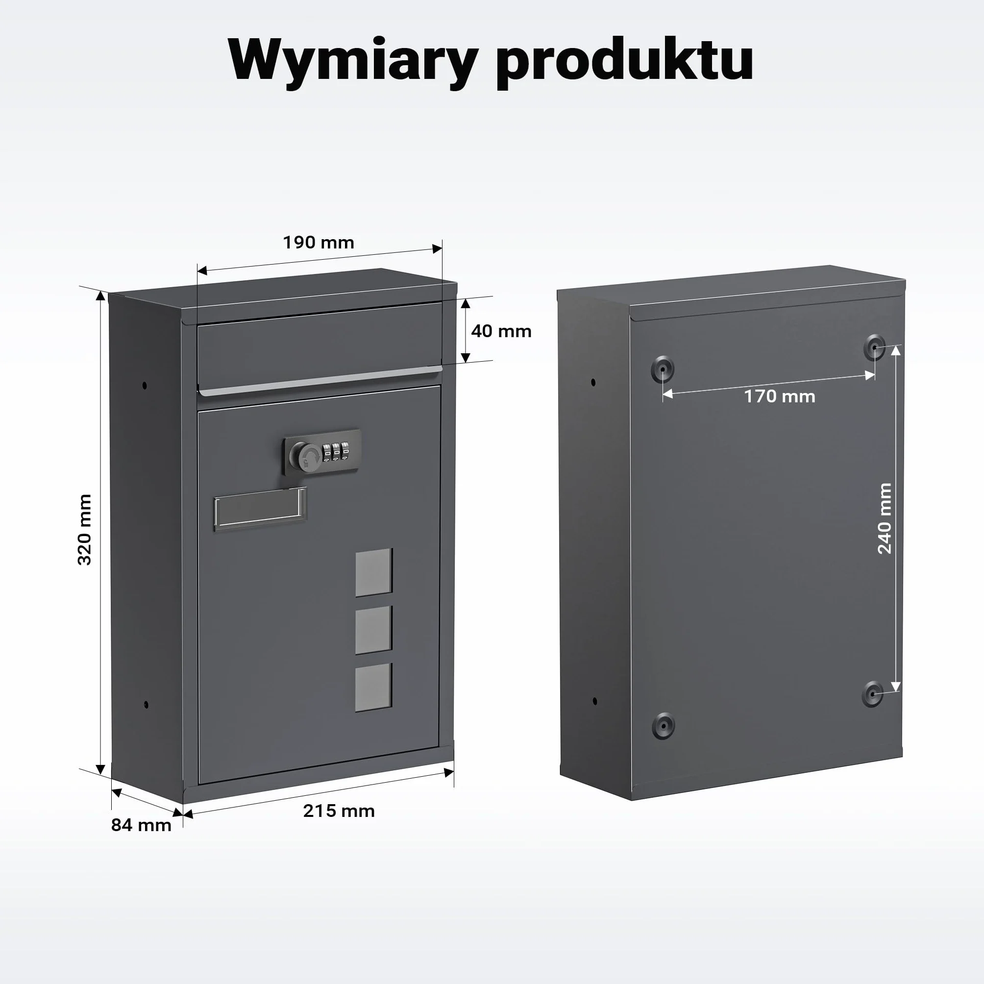 Wiltec Skrzynka na listy z zamkiem szyfrowym, imiennikiem i wizjerem, antracytowa skrzynka pocztowa do montażu na ścianie, stalowa, malowana proszkowo