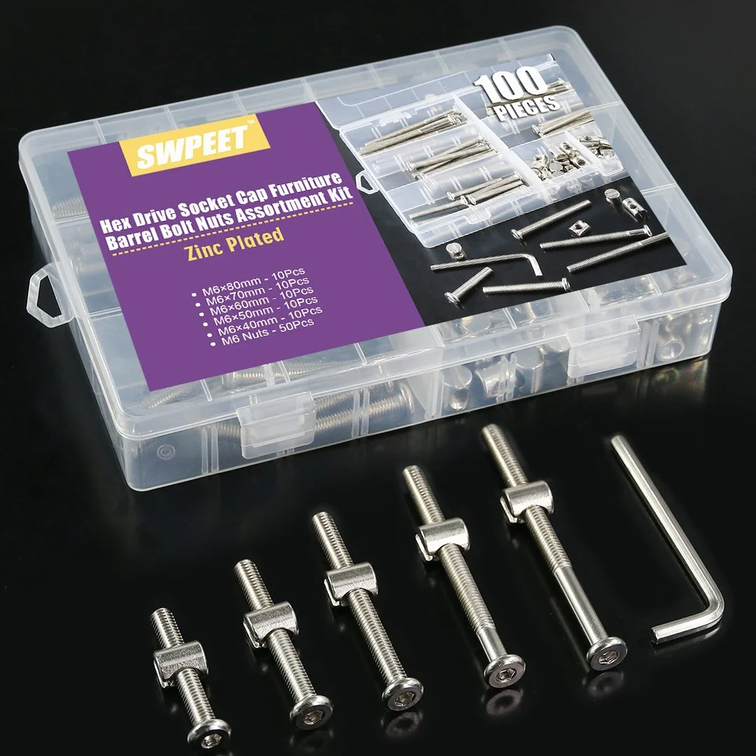 Swpeet 100 szt. śrub do łóżeczka dziecięcego, niklowane, M6 × 40/50/60/70/80 mm, śruba z gniazdem sześciokątnym, śruba do łóżeczka dziecięcego i nakrętki beczki z 1 x kluczem imbusowym, idealne do