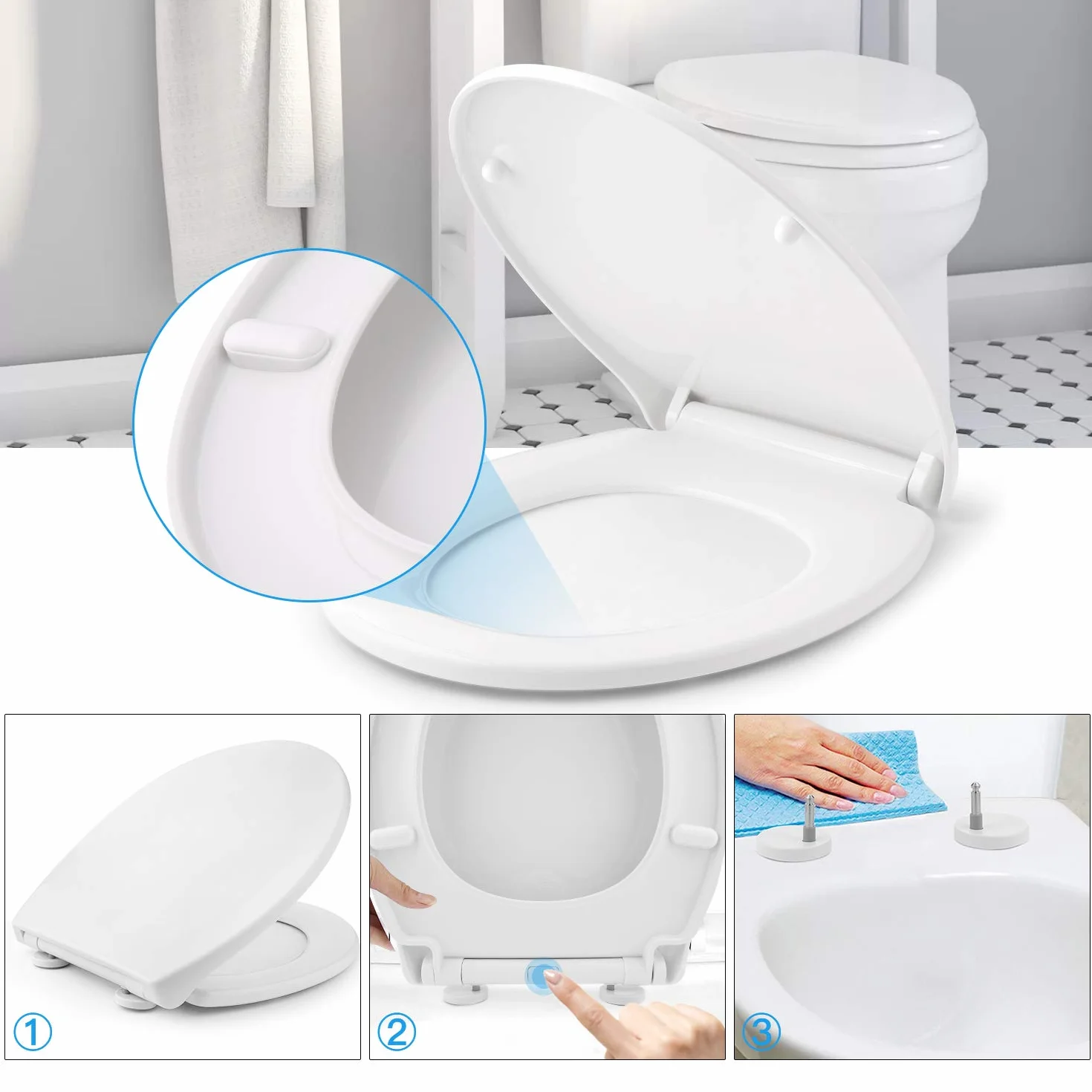 Himimi Pokrywa WC amortyzowana uniwersalny zamek szybki zwalnianie plastik antybakteryjny biały U-kształtna 45.2x39.29x6.2 cm