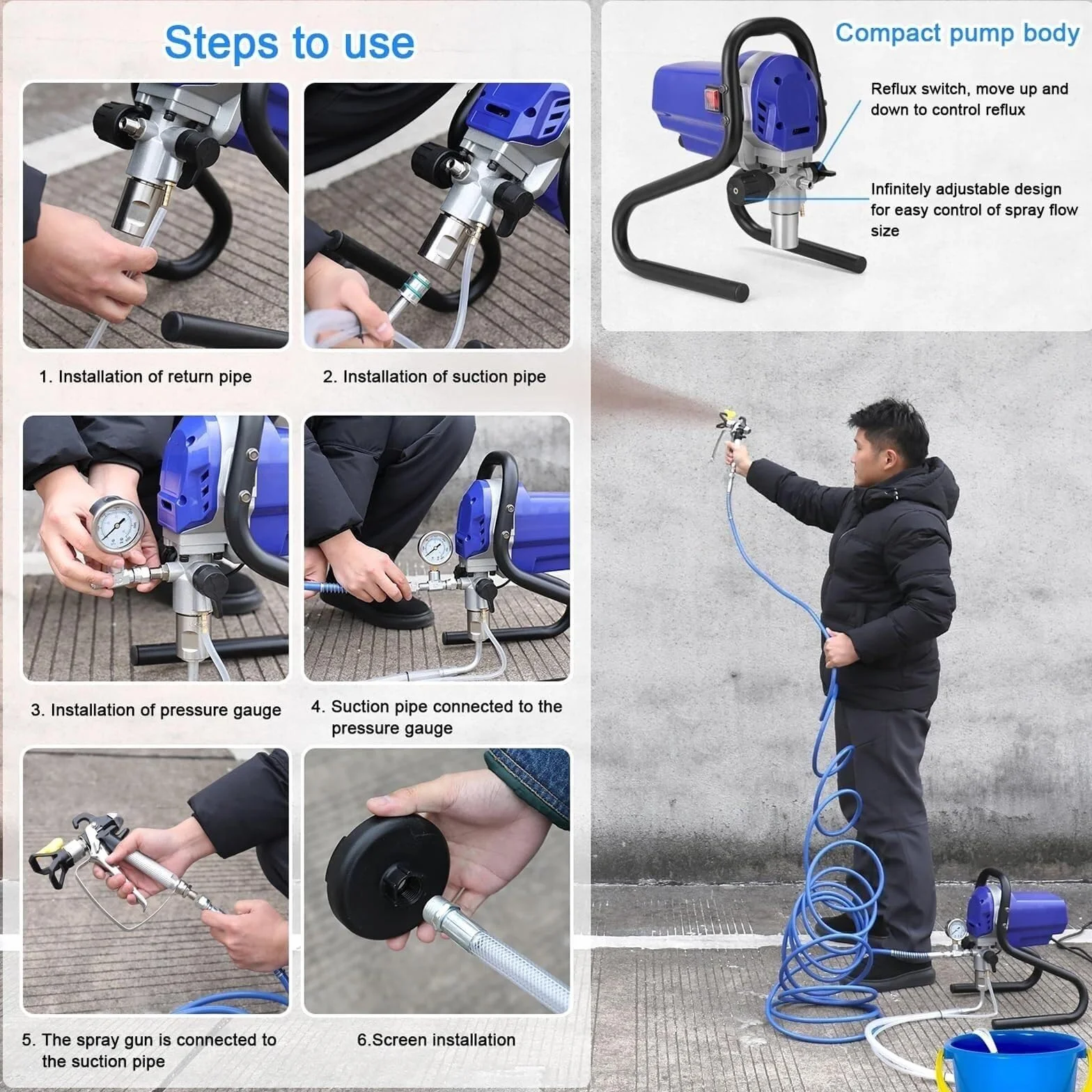 Wysokociśnieniowy bezpowietrzny rozpylacz elektryczny 750 W z wężem 10 m, 6000 PSI, manometr, 1,2 l/min (biały) (drewno)