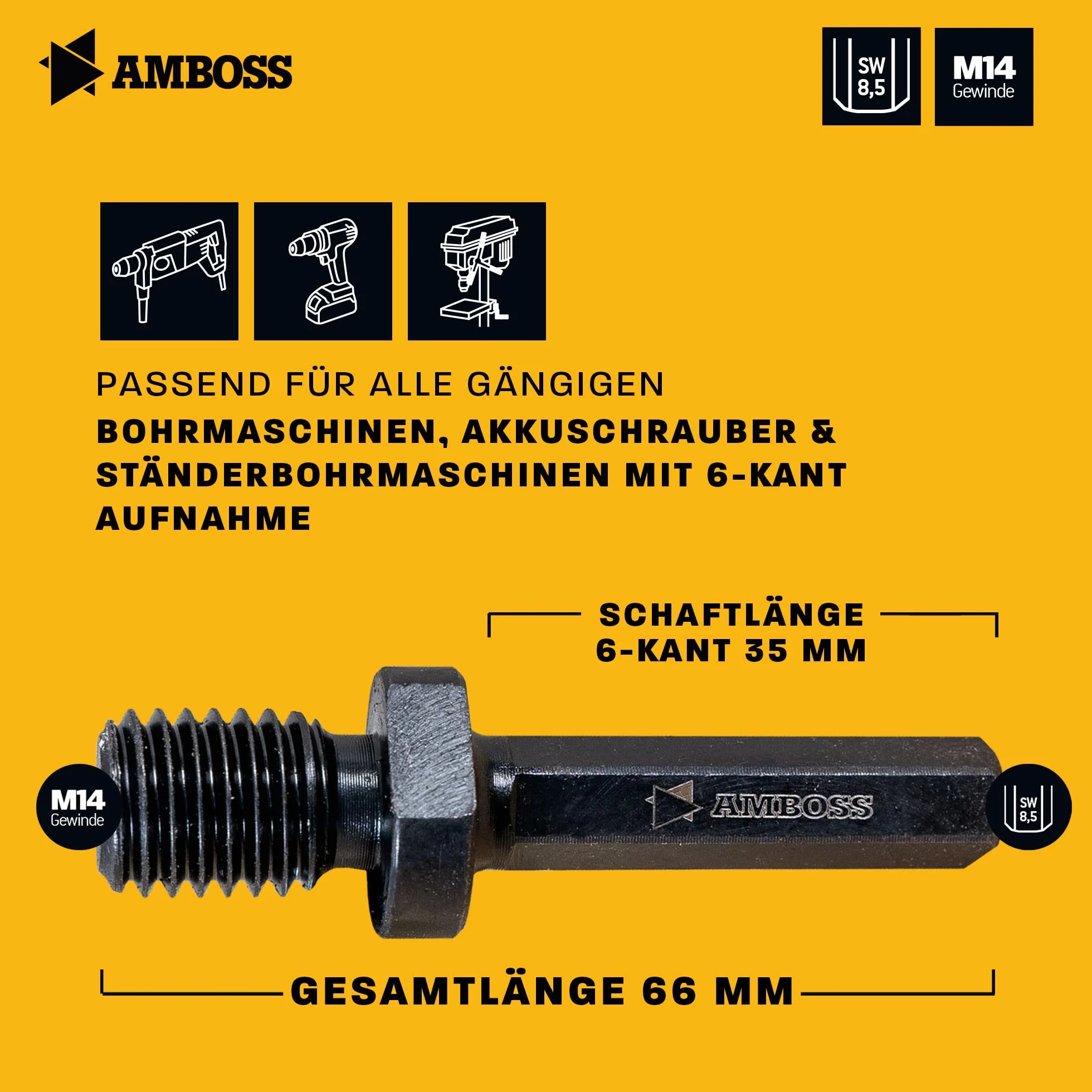Amboss Werkzeuge Adapter 6-kątny na gwint M14 / szlifierka kątowa korony wiertnicze, talerze podporowe, szczotki druciane z wiertarką / diamentowe wiertło do płytek na sześciokątnym