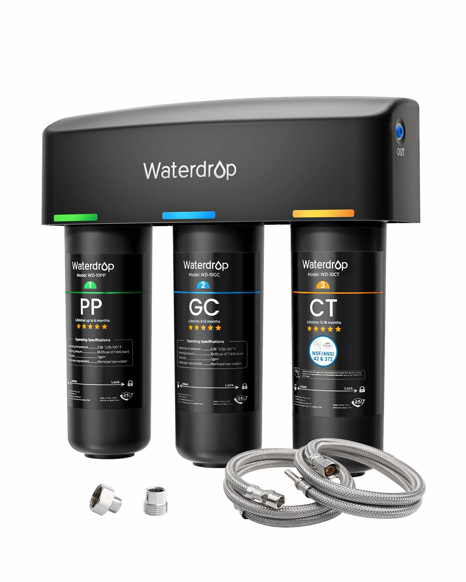 Waterdrop TSA system filtrowania wody pod zlewem, 3-stopniowy system filtracji wody o dużej pojemności, certyfikat NSF/ANSI 42, redukcja PFAS, PFOA/PFOS, redukcja ołowiu, chloru, złego smaku