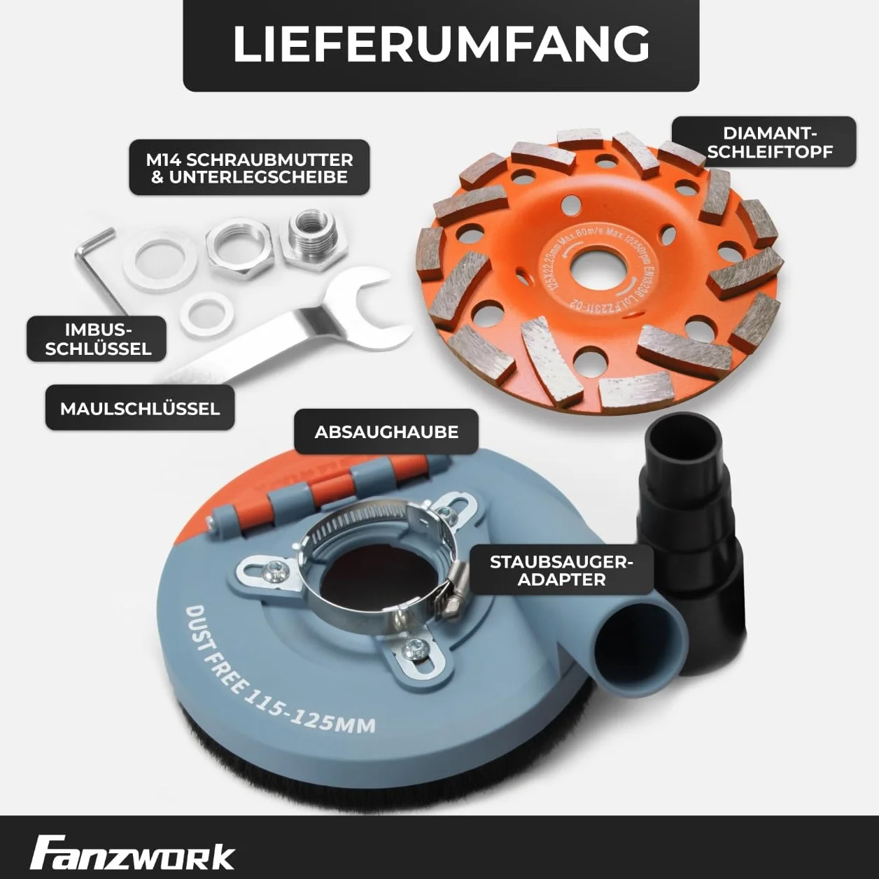 FANZWORK Osłona Ssąca do szlifierki Kątowej z Tarczą Diamentową 125 mm, Wymienne Szczotki, Kompatybilny w 99% Uniwersalny Kształt, Wzmocniony Pierścień Adaptera, Adapter M14