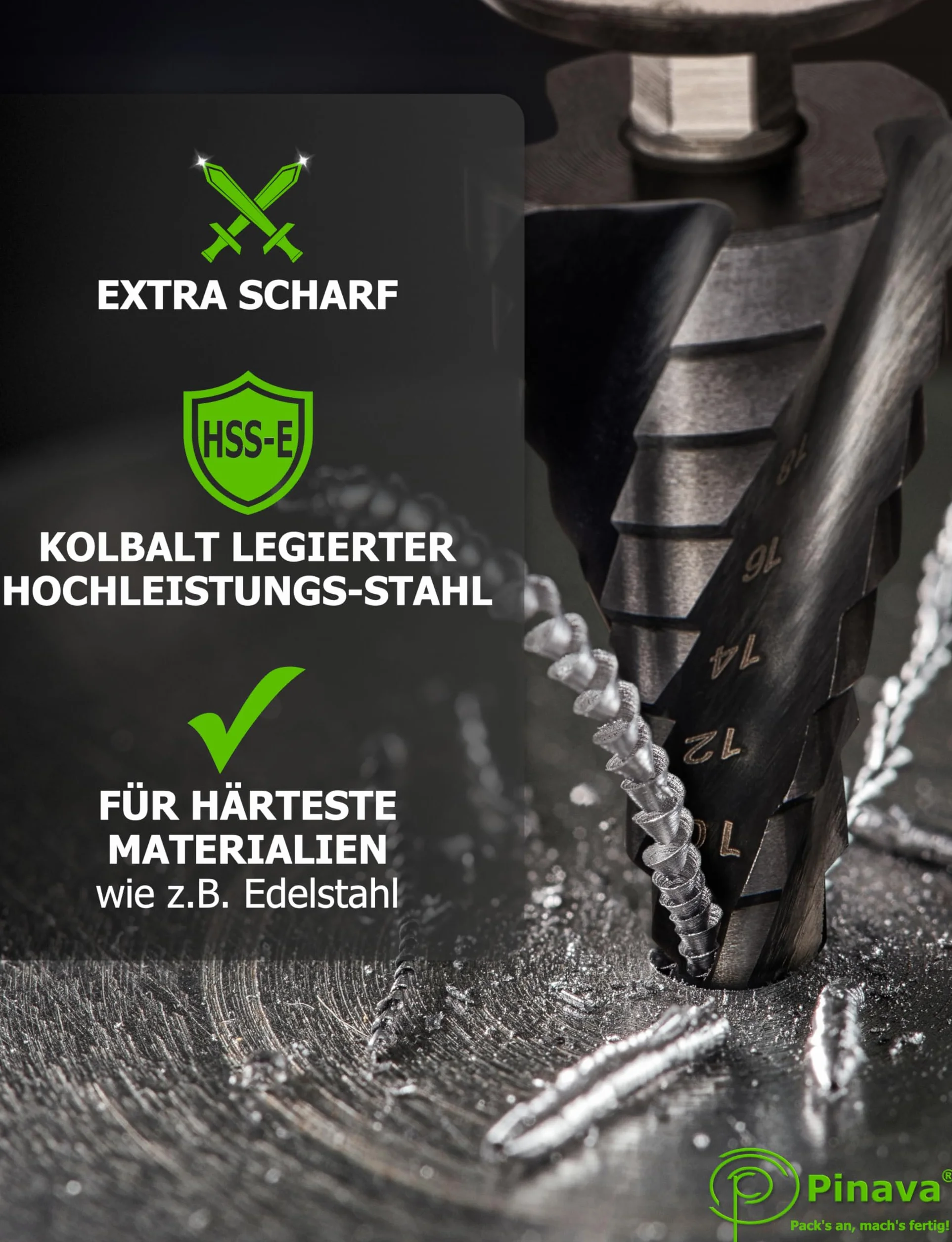 Pinava Wiertło stopniowe HSS Cobalt Pro 4XSPIRAL Ø 4-22 mm profesjonalne do stali nierdzewnej metalu drewna tworzywa sztucznego