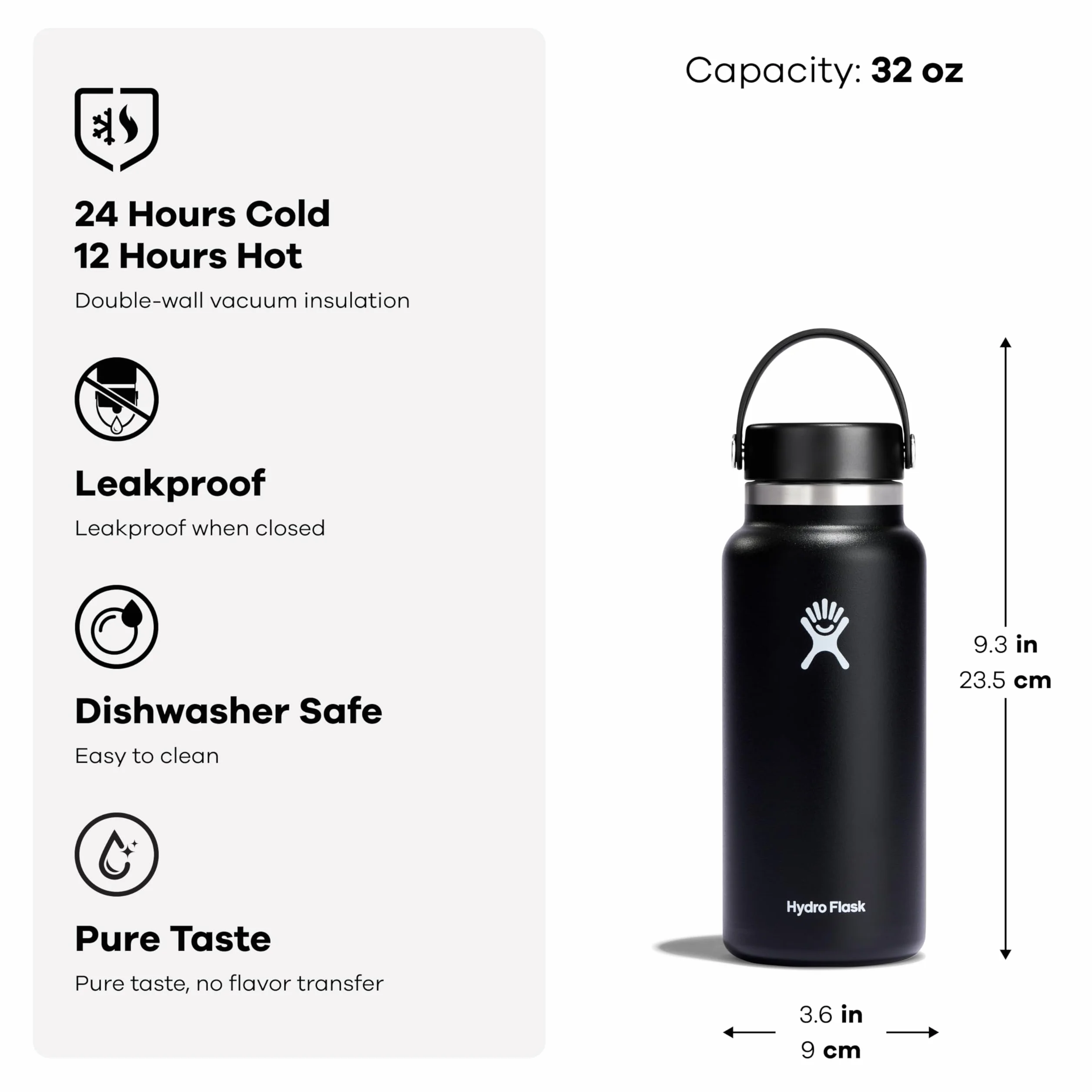 HYDRO FLASK – Butelka na wodę 946 ml (32 oz) – Izolowana próżniowo butelka na wodę ze stali nierdzewnej ze szczelną zakrętką Flex z uchwytem – Bez BPA – Szeroki gwint – Kolor - Black