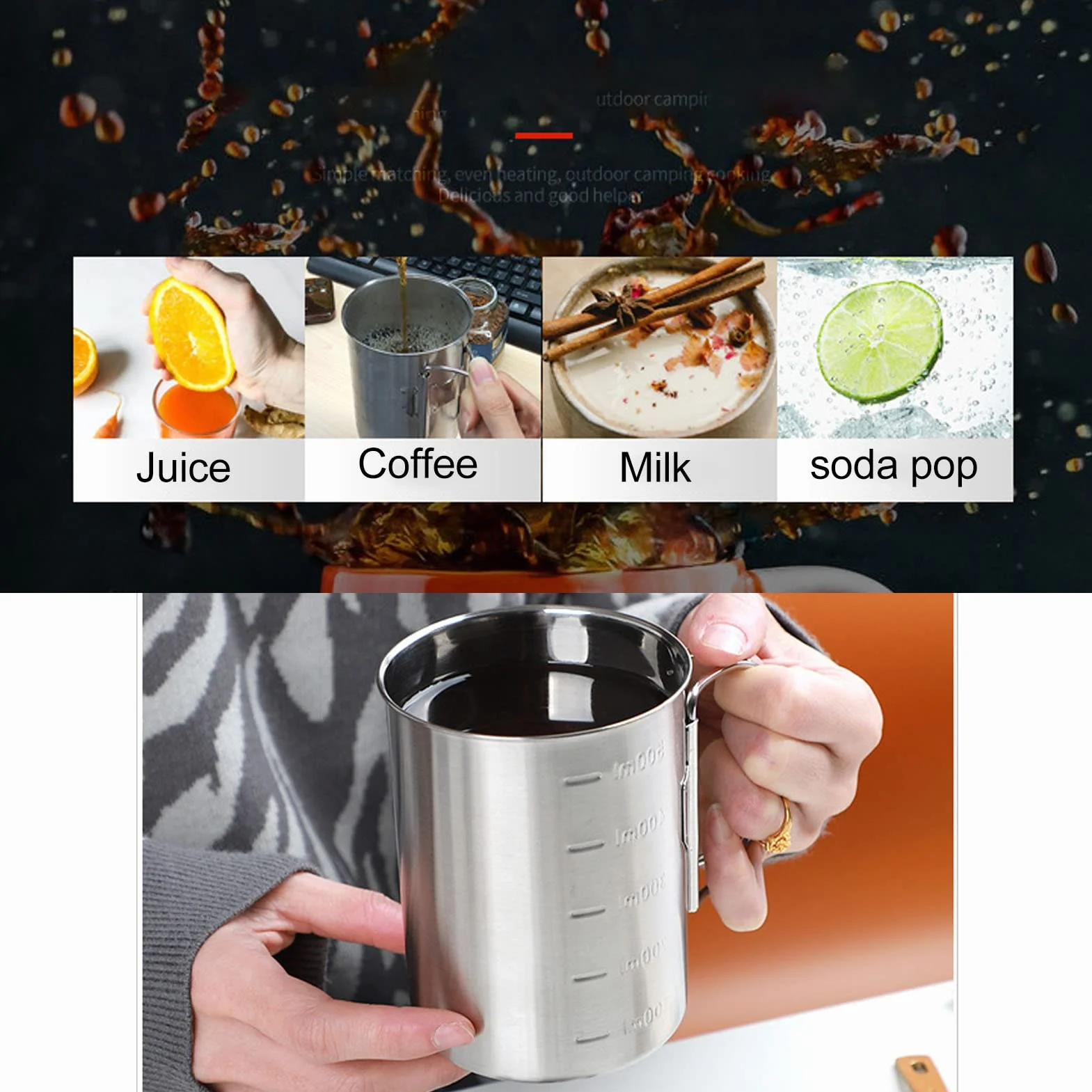 lyrlody Kubek Kempingowy ze Stali Nierdzewnej, Kubek z Uchwytem, ​​składanymi Uchwytami i skalą Objętości, Składany z pokrywką, na Piknik Kempingowy (500ML)